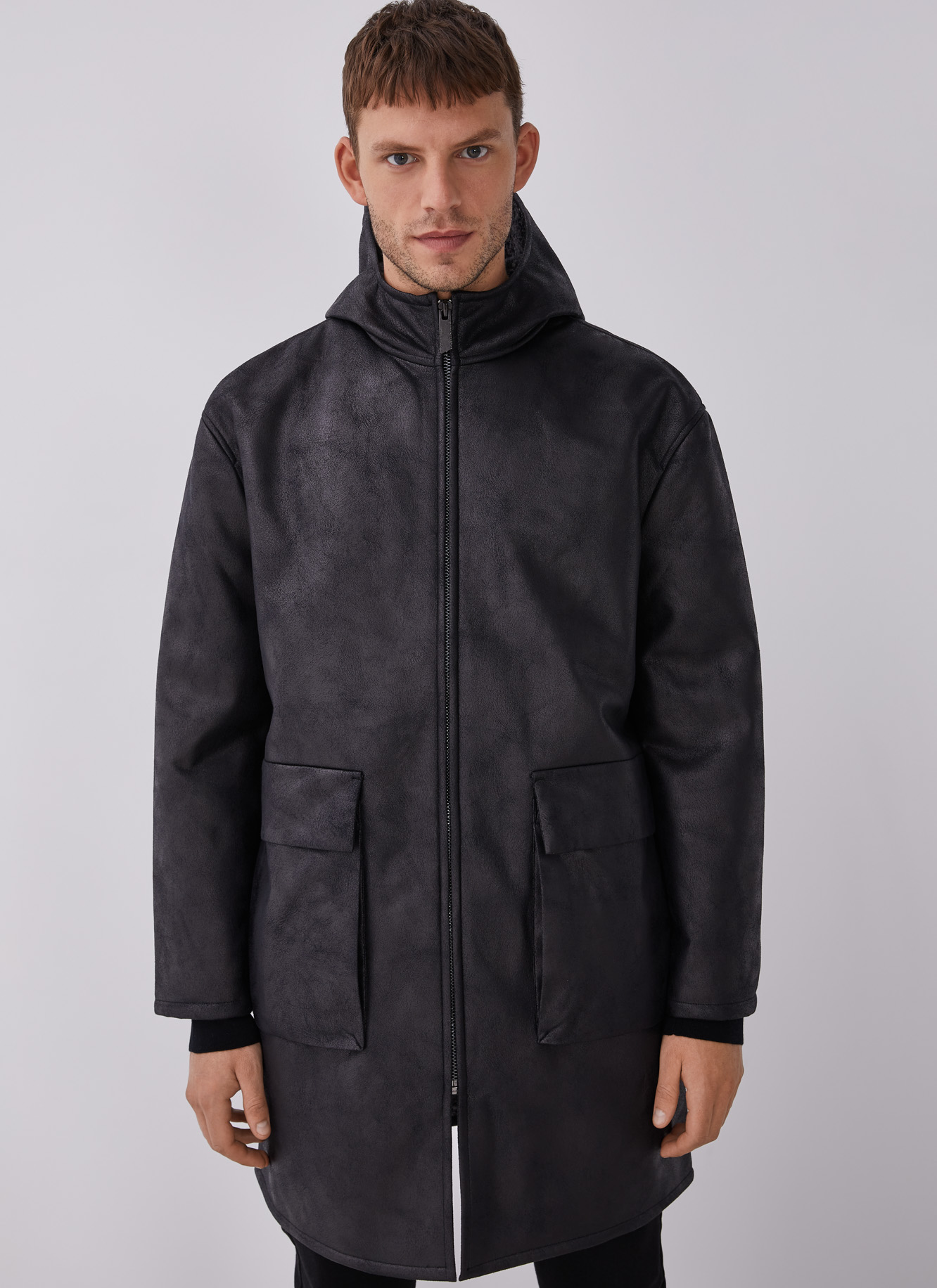 Eco leather hooded three-quarter coat image number 0