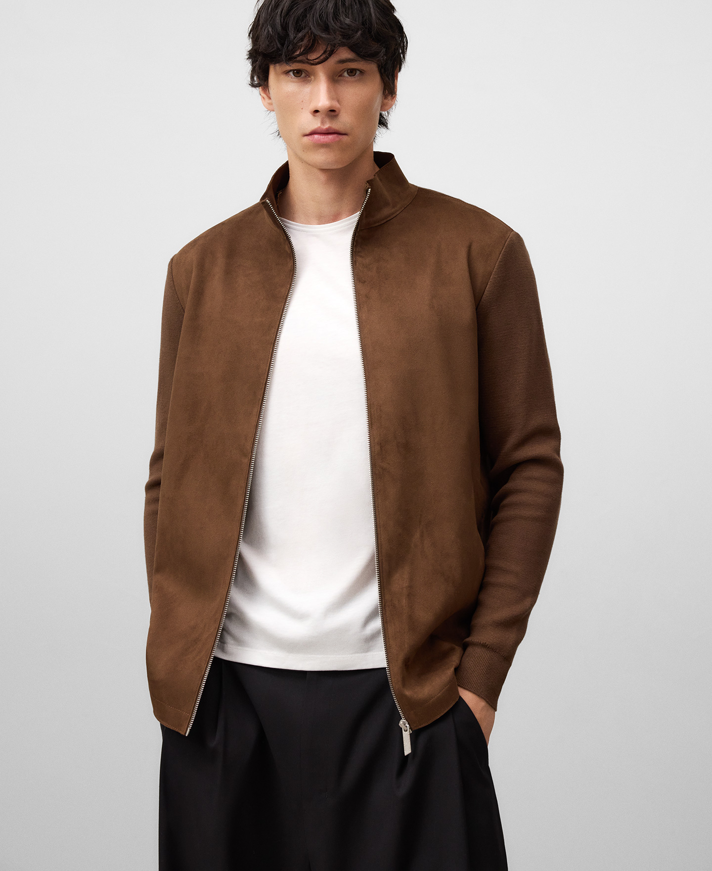 Faux suede and knit cardigan man image number 0