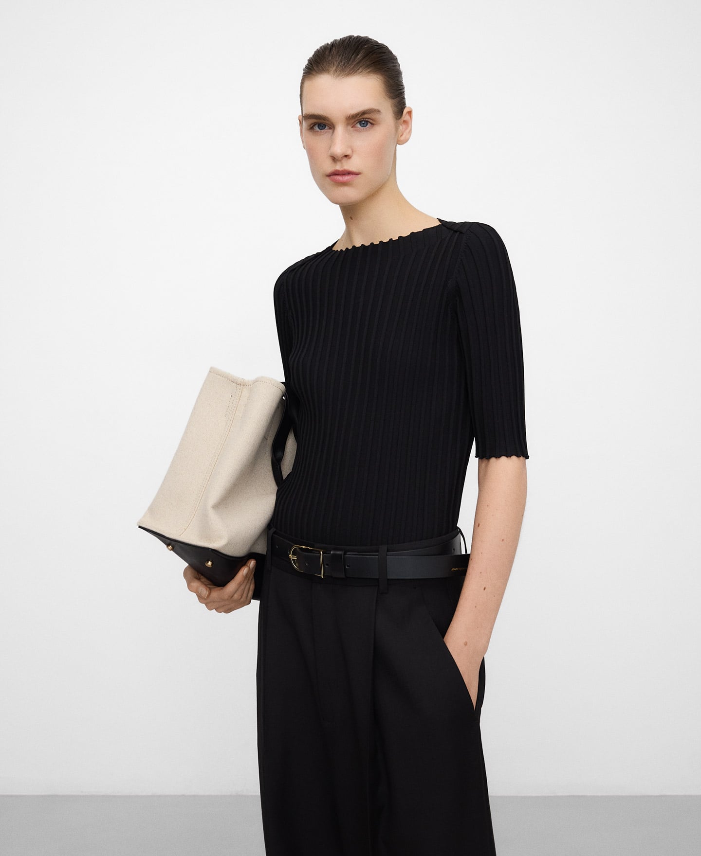 Boat neckline ribbed top image number 0