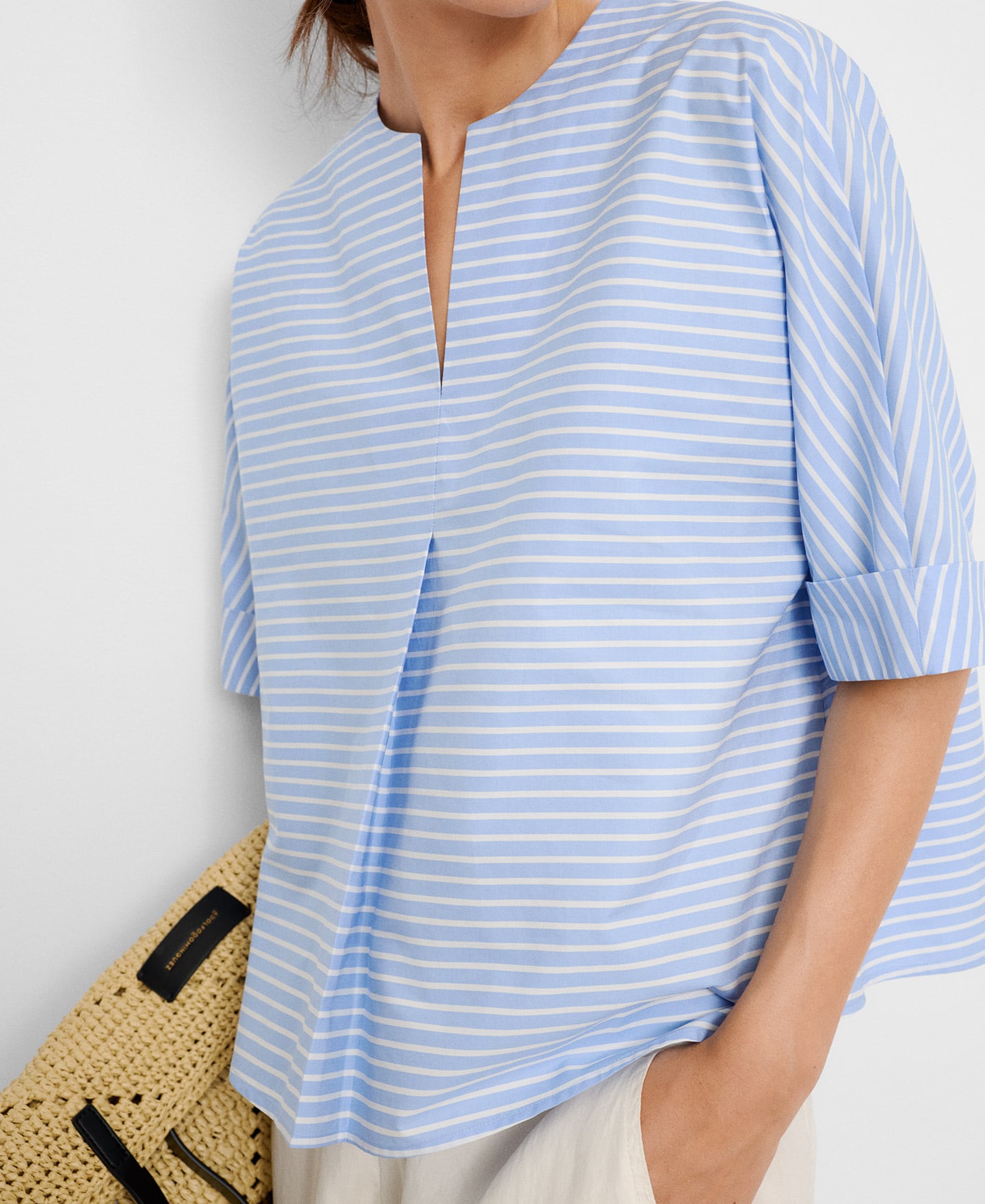 Cotton V-neckline striped blouse image number 3