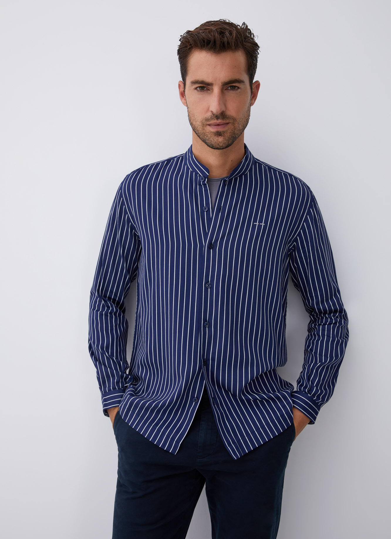 Striped shirt with mandarin collar image number 0