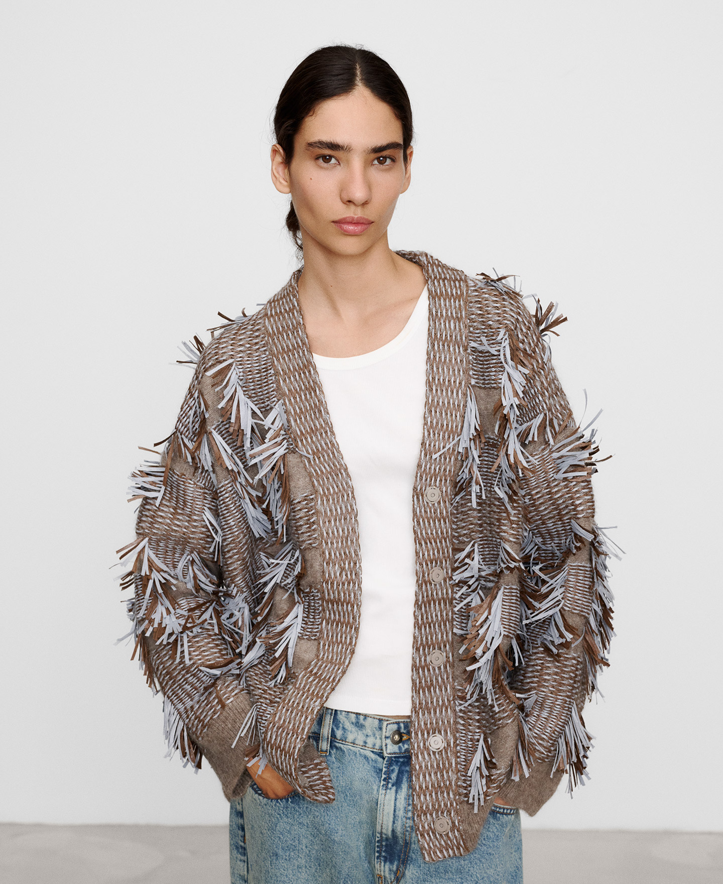 Jacquard oversize cardigan with fringes image number 0