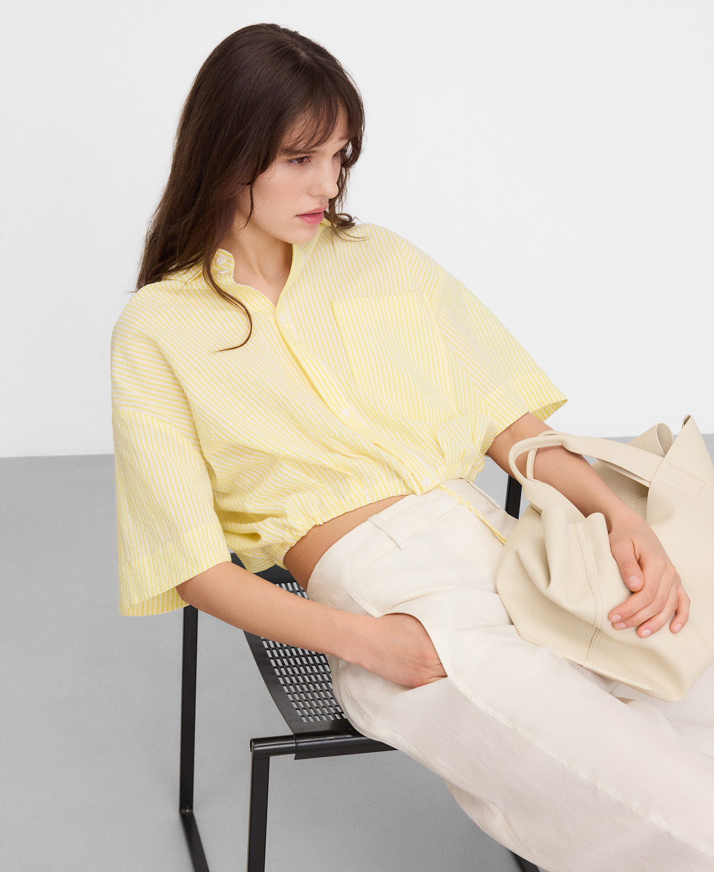 Cotton seersucker striped boxy shirt image number 3