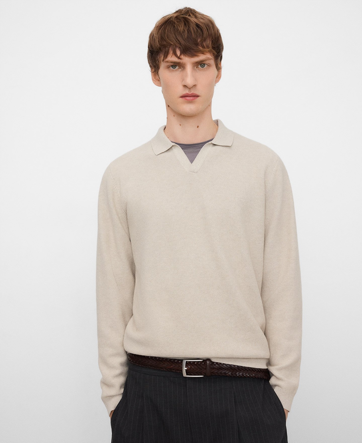 Structured knit long sleeve polo shirt image number 0