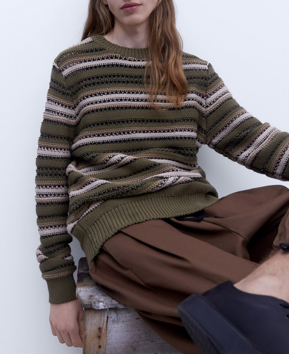 Striped structure crew neck sweater image number 0