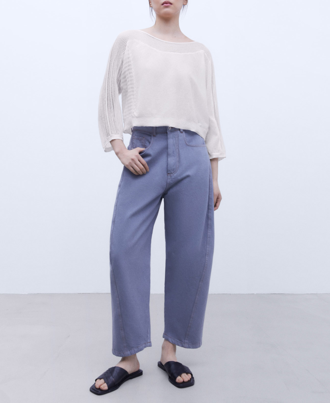 Short sweater with knit lace details image number 1