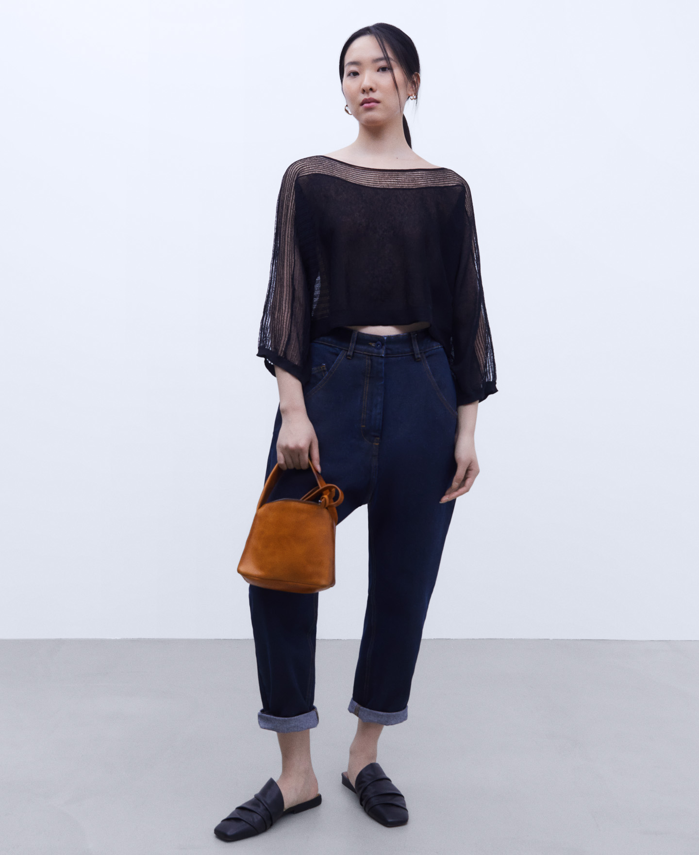 Short sweater with knit lace details image number 1