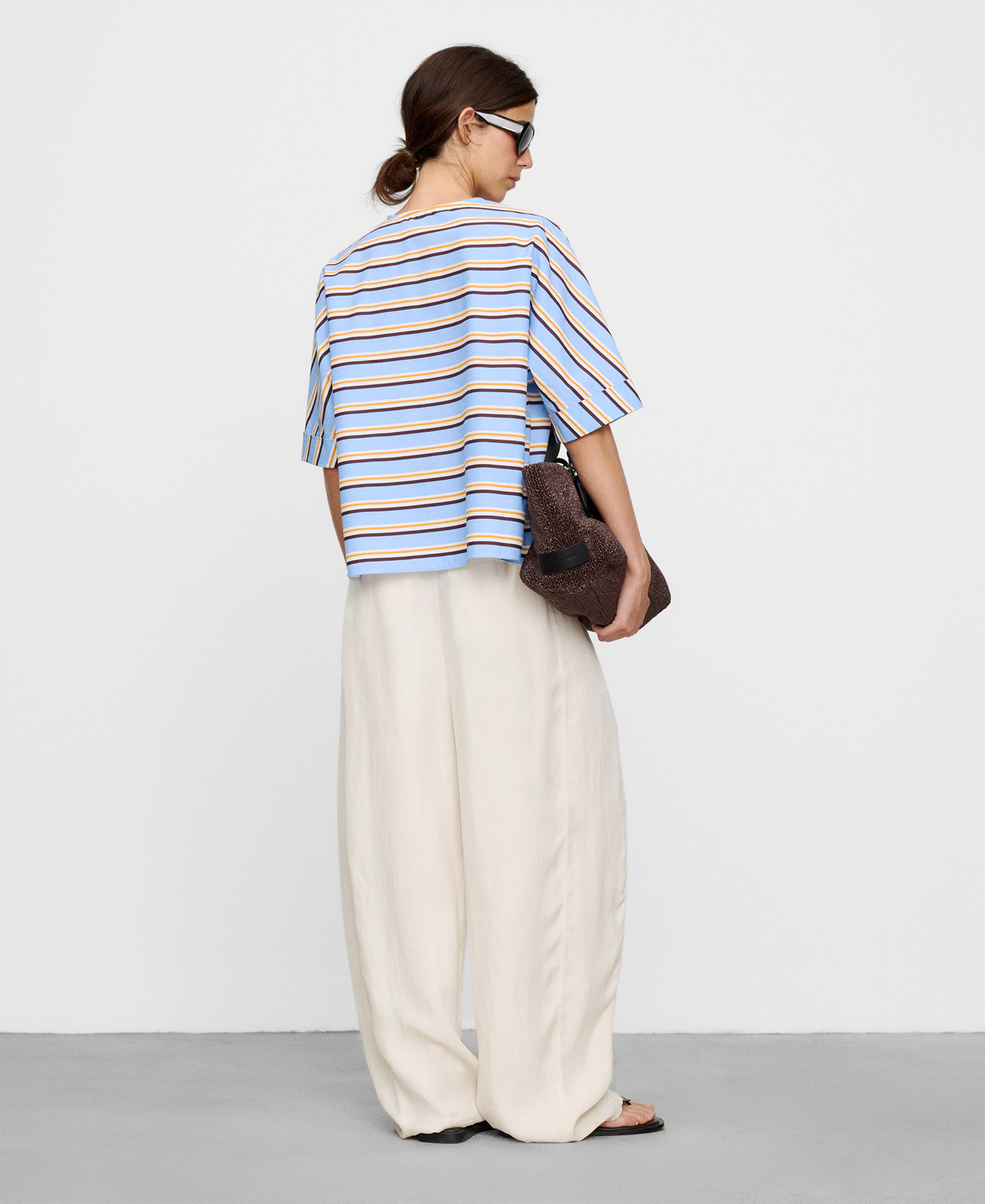 Cotton V-neckline striped blouse image number 2