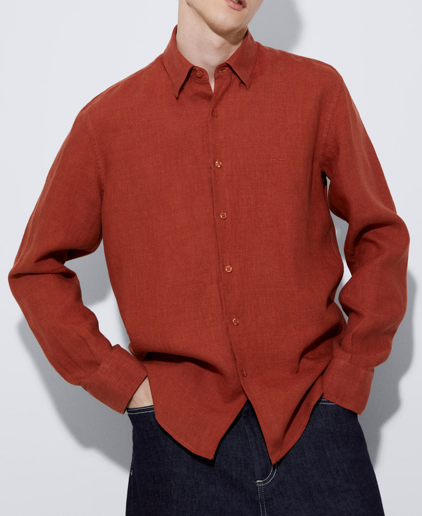 Natural linen lapel collar shirt image number 0