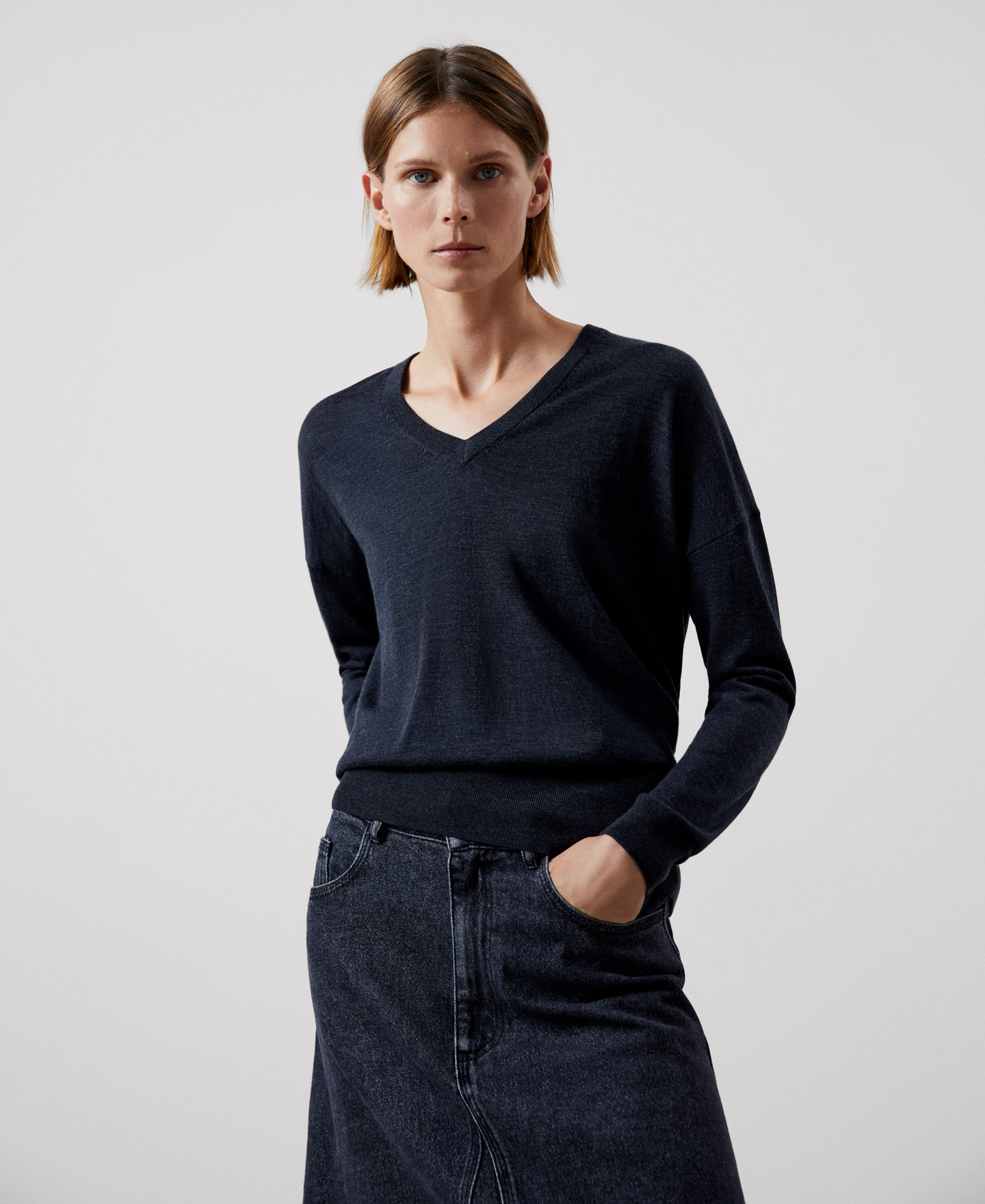 V-neckline merino wool sweater image number 0