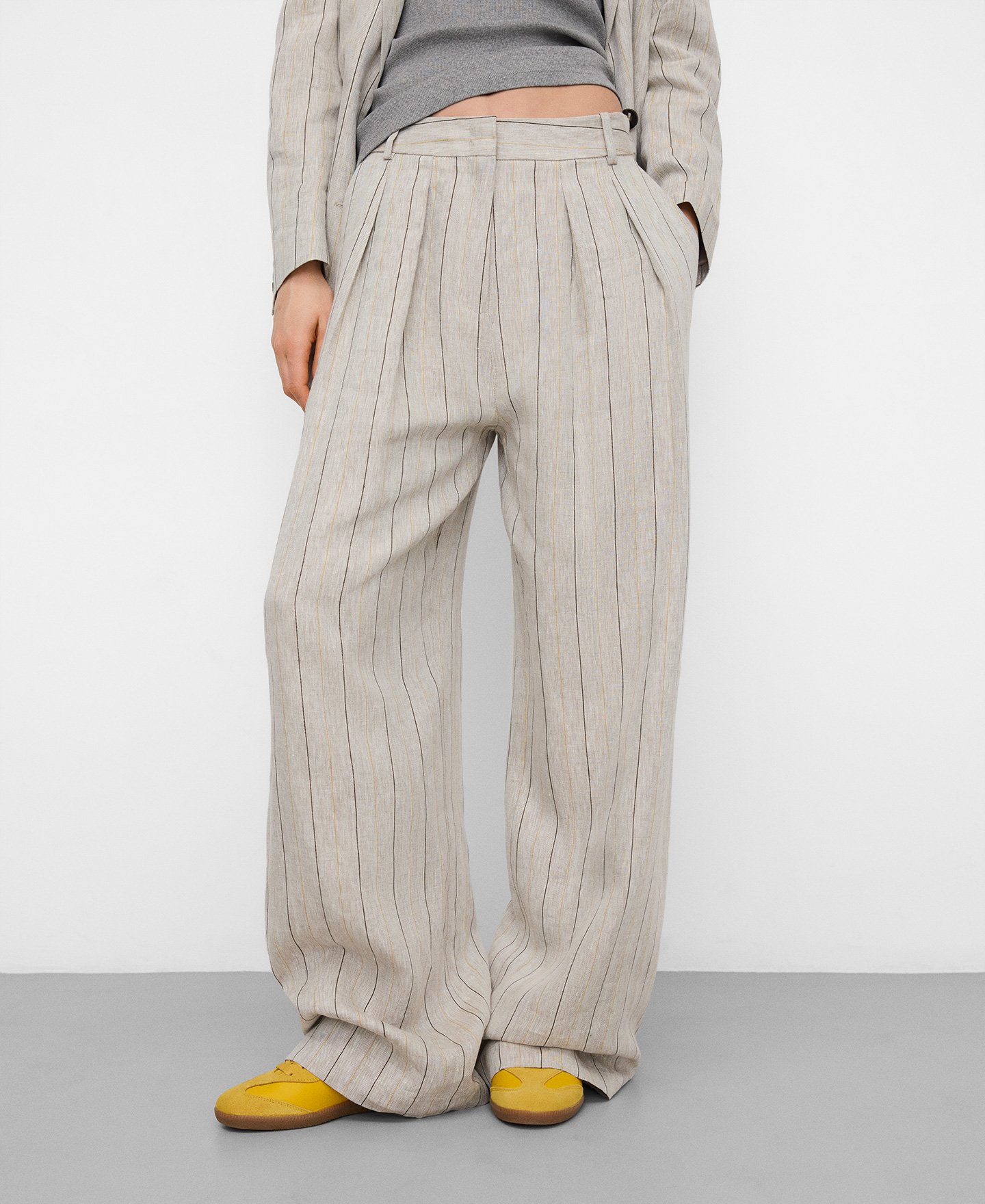 European linen striped straight trousers image number 0