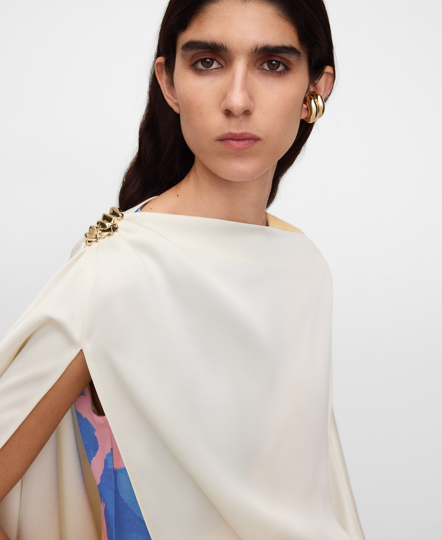 Long printed dress with an overlay cape image number 7