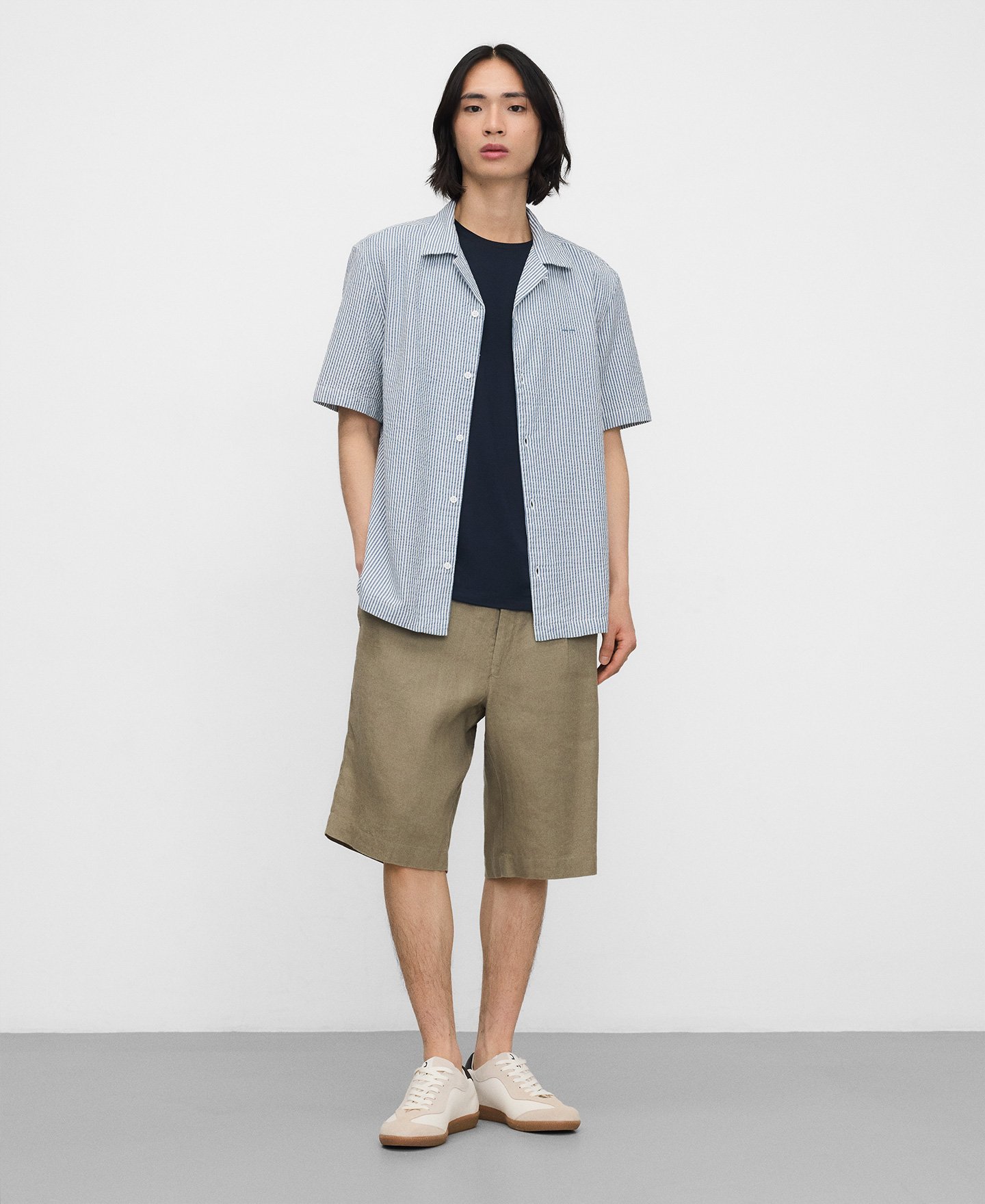 Cotton seersucker striped bowling shirt image number 1