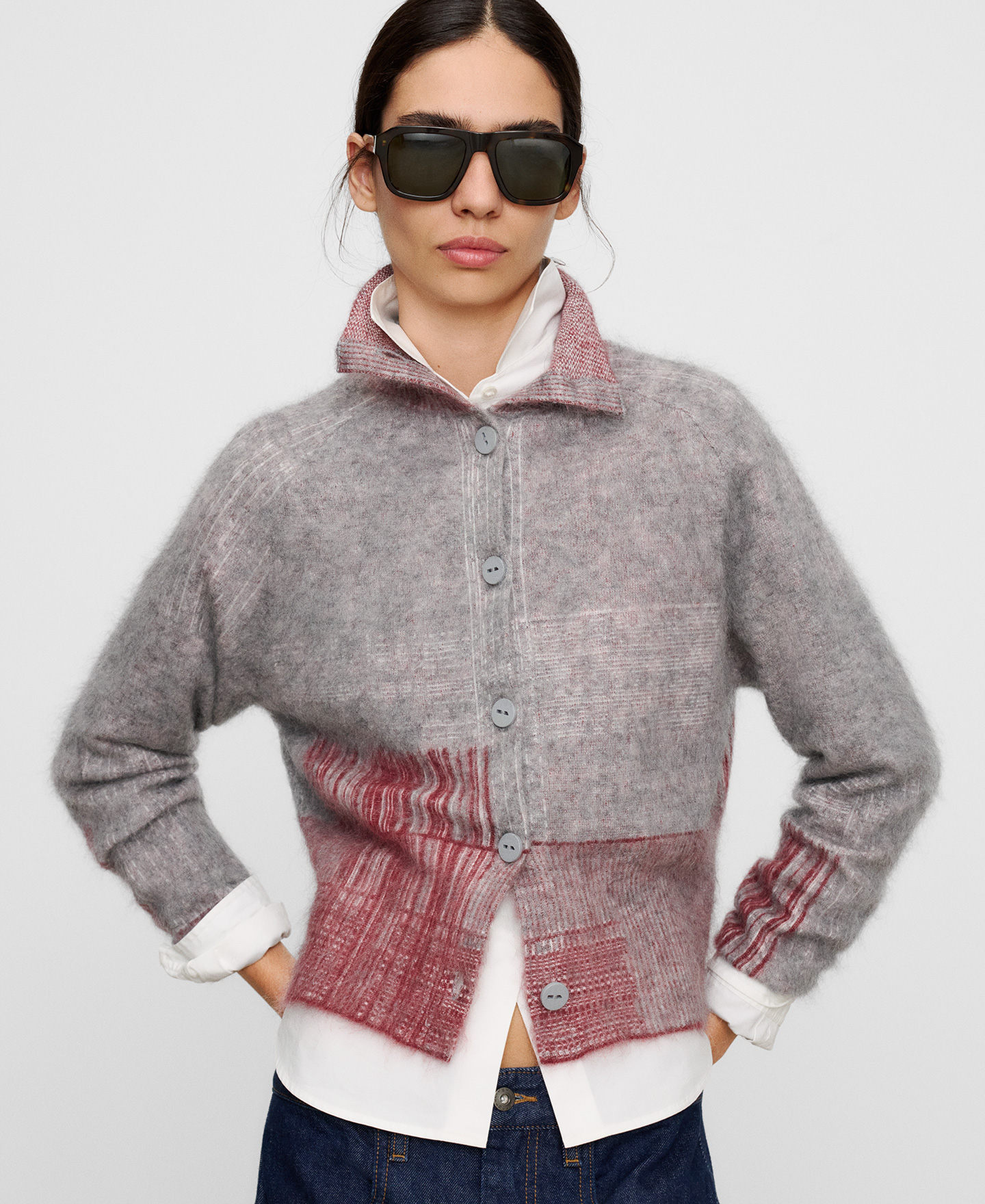 Jacquard brushed knit cardigan image number 0