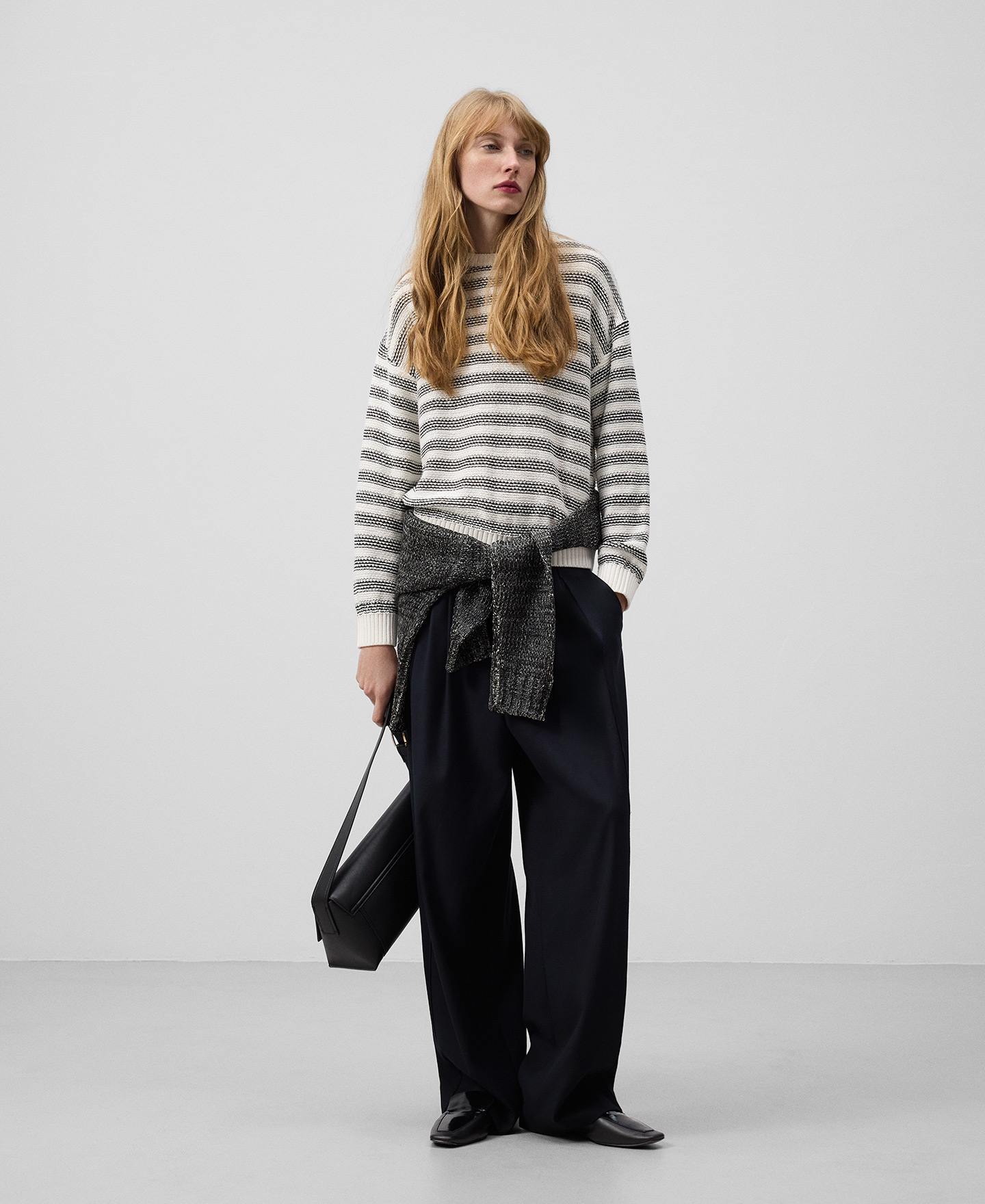 Striped knit sweater with linen woman image number 1