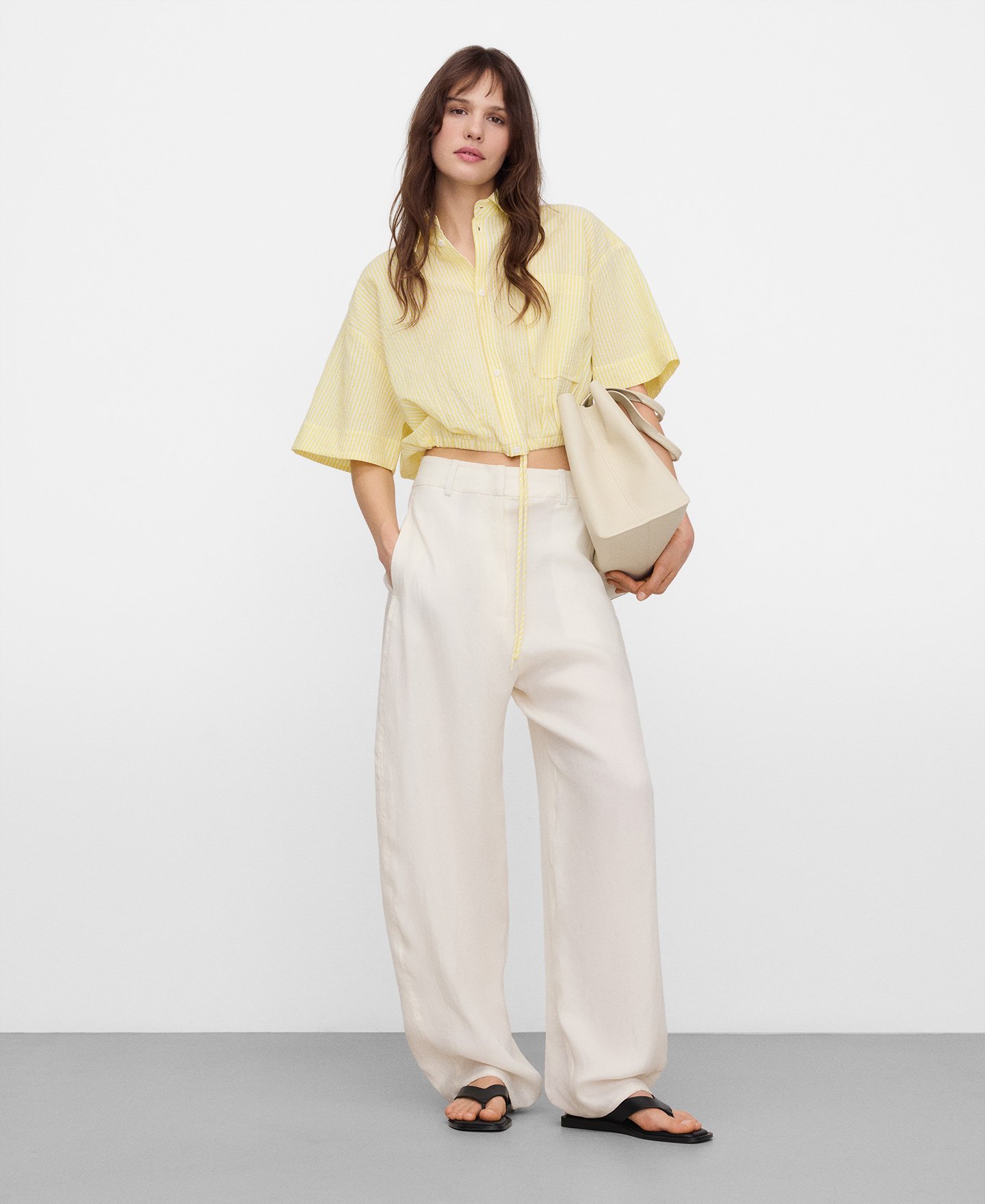 Cotton seersucker striped boxy shirt image number 1