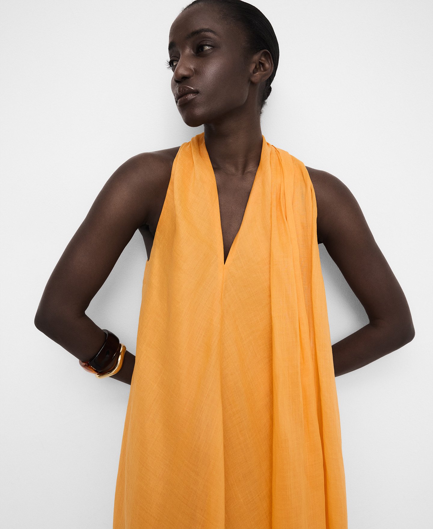 Scarf-collar ramie long dress image number 3