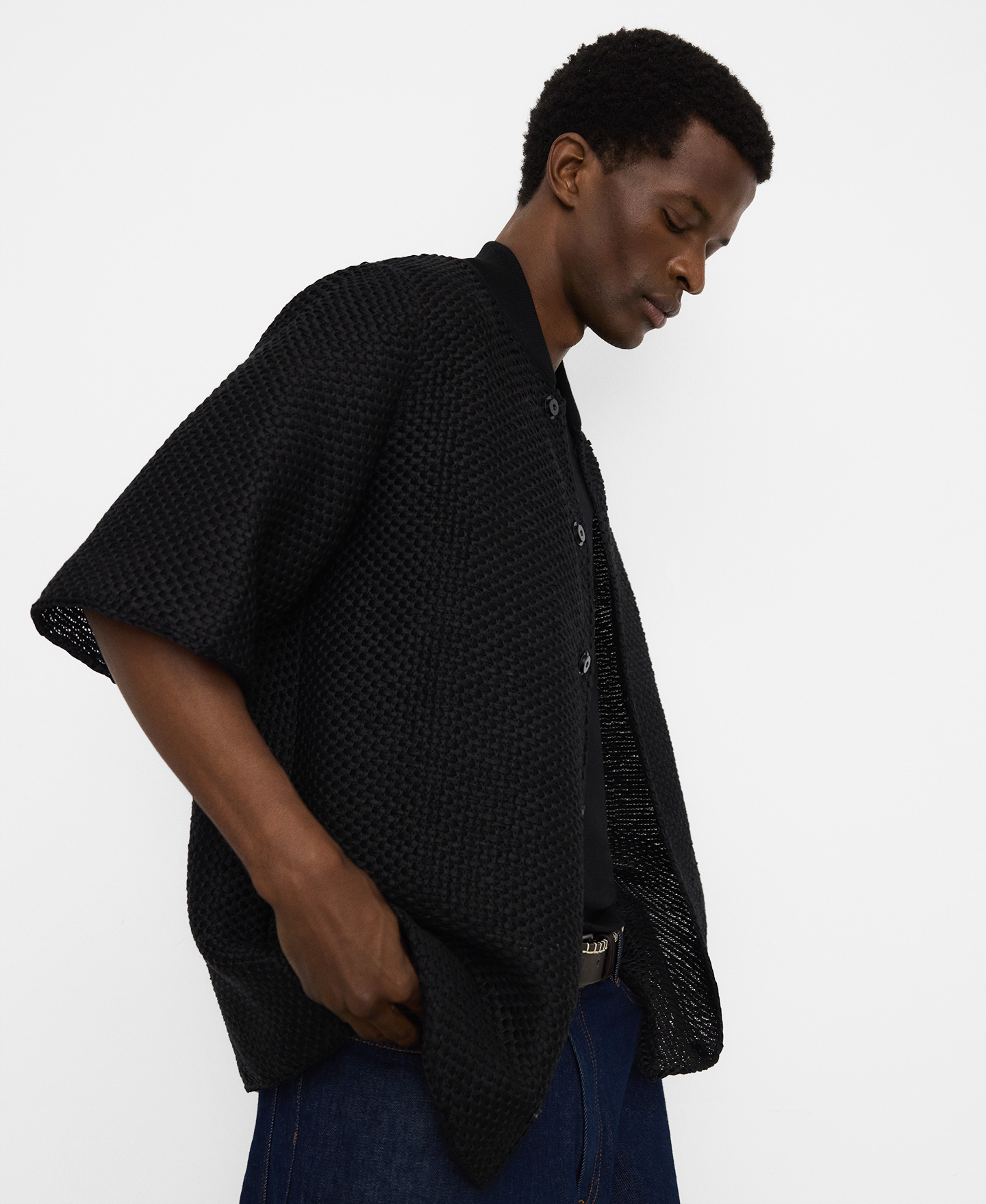 Raffia texture bomber collar polo shirt image number 3