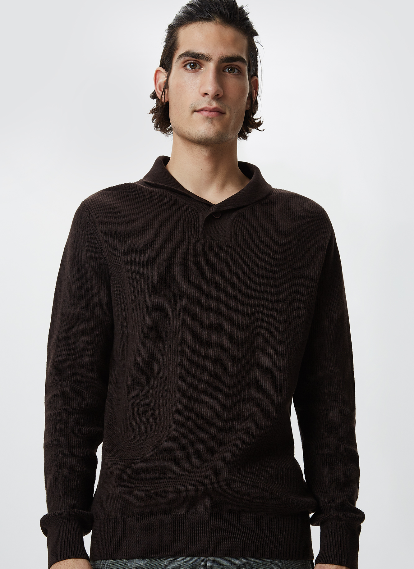 Shawl collar knit sweater image number 3