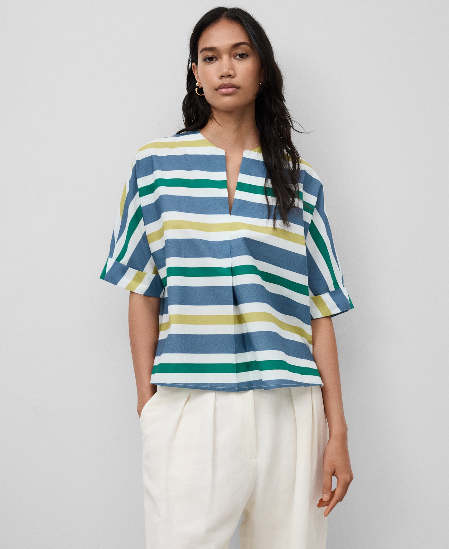 V-neckline striped blouse woman image number 0