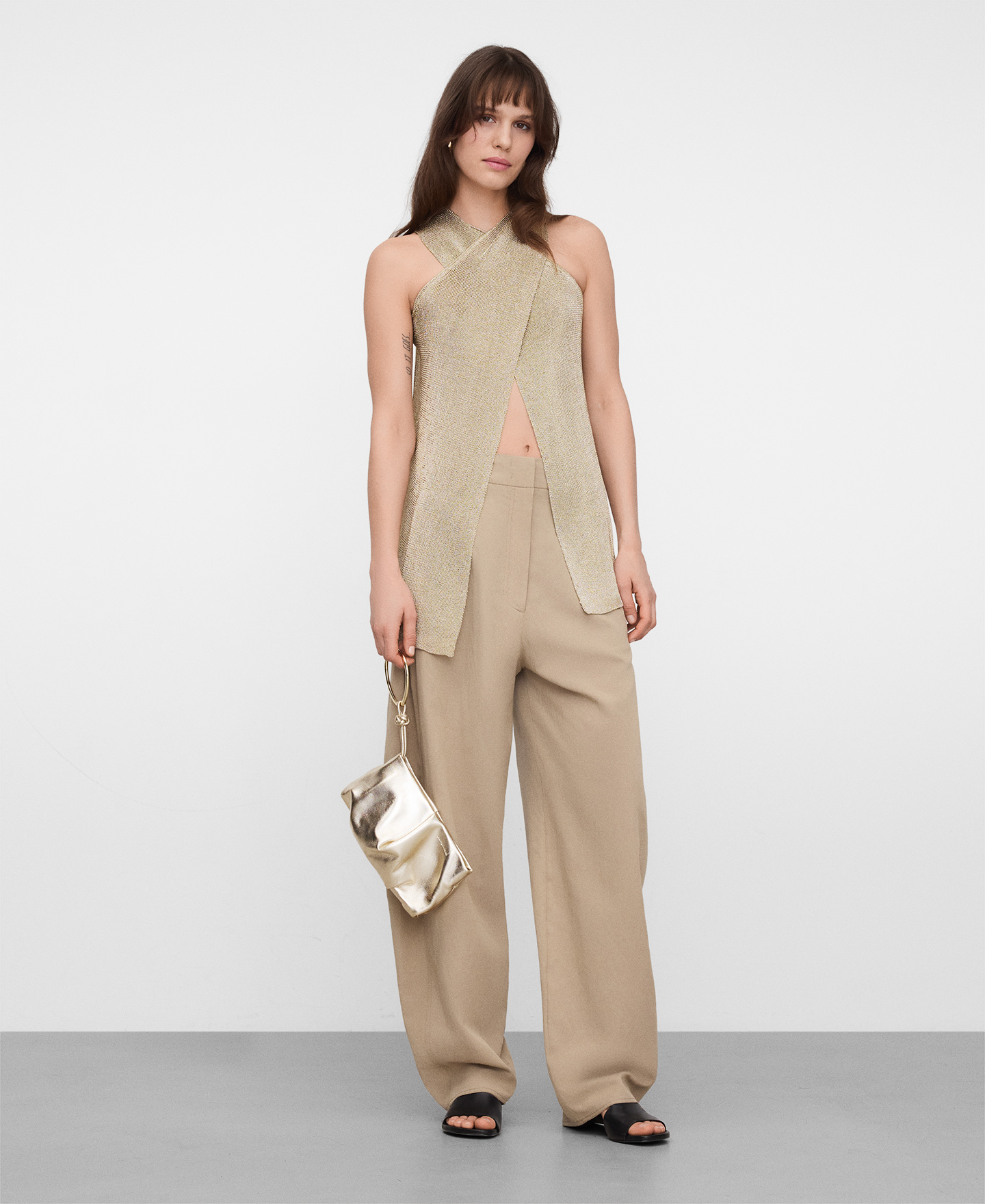 Metallic knit wrap top image number 1