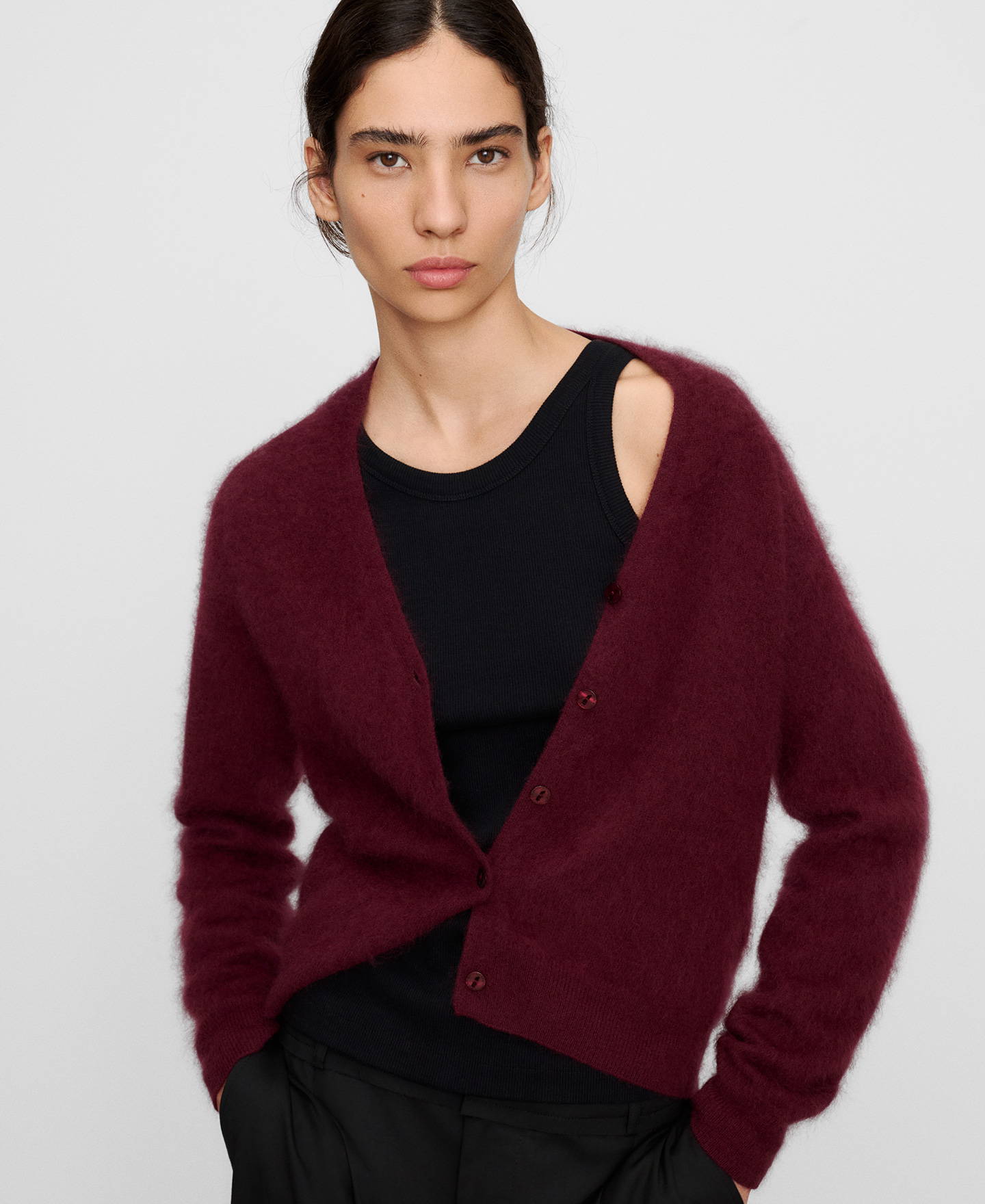 Brushed knit merino wool V-neck cardigan image number 0