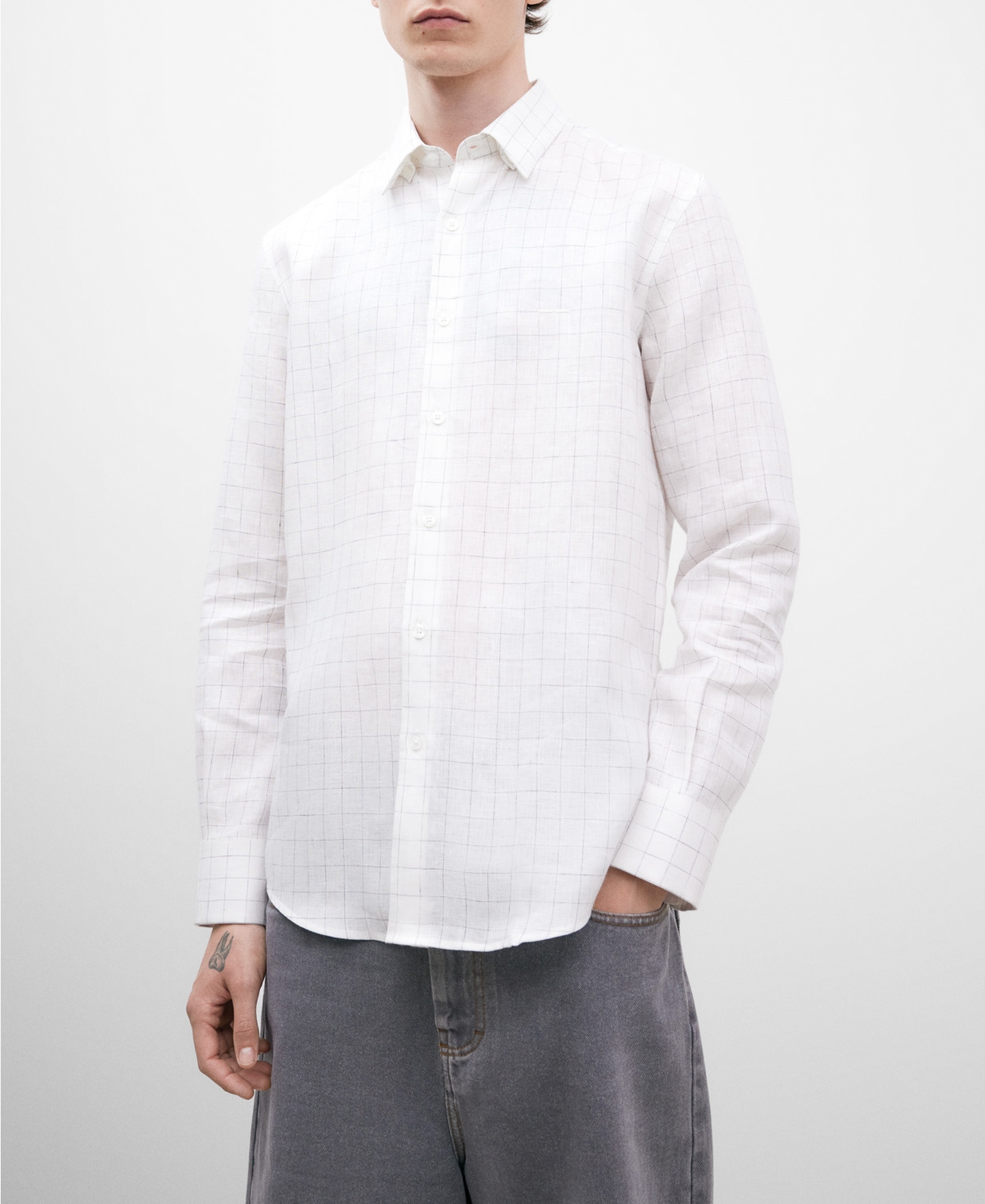 European linen white chequered shirt image number 0