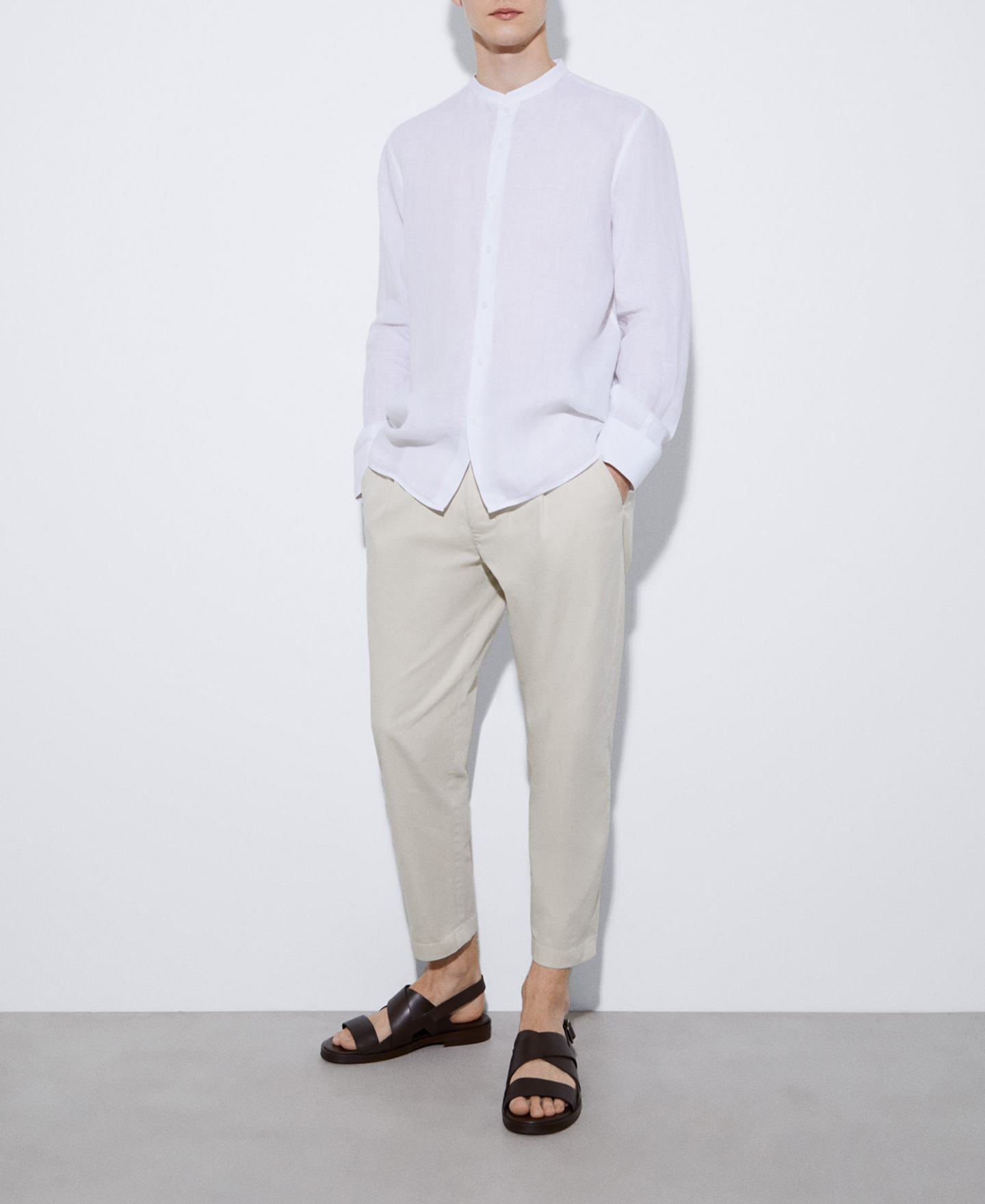 Natural linen mandarin collar shirt image number 1