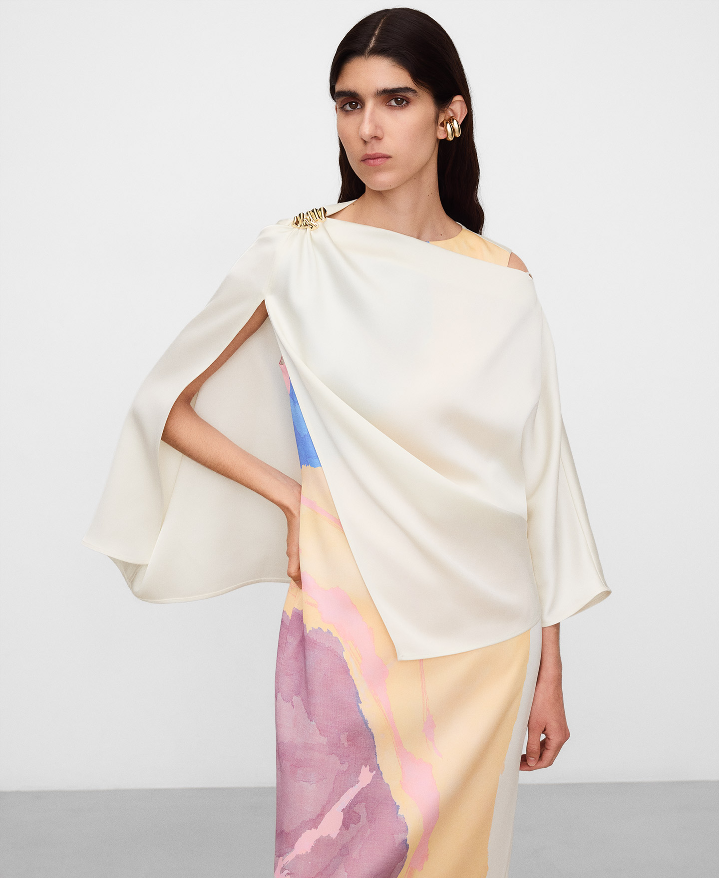 Long printed dress with an overlay cape image number 6