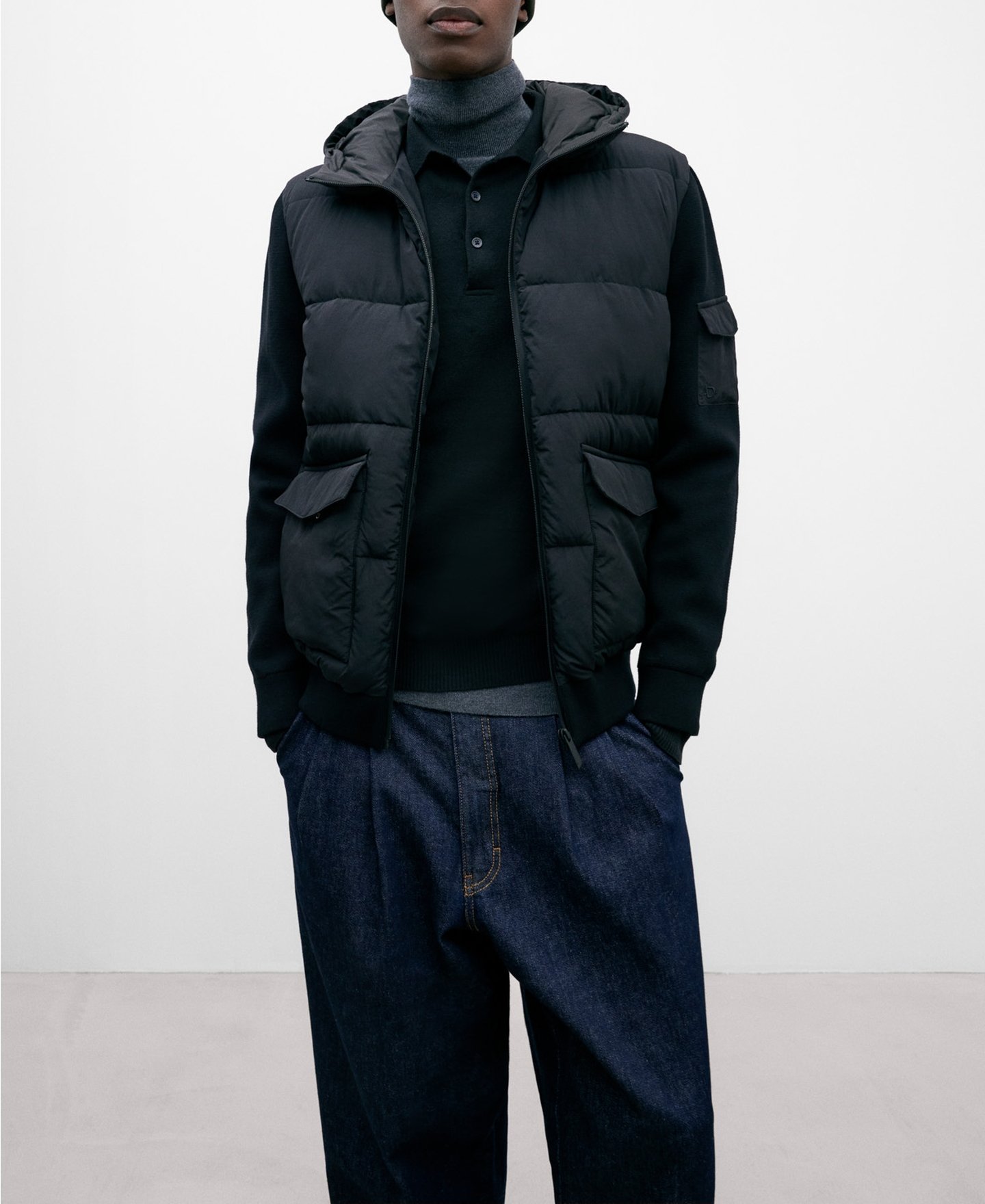 Black padded hooded jacket for men image number 0