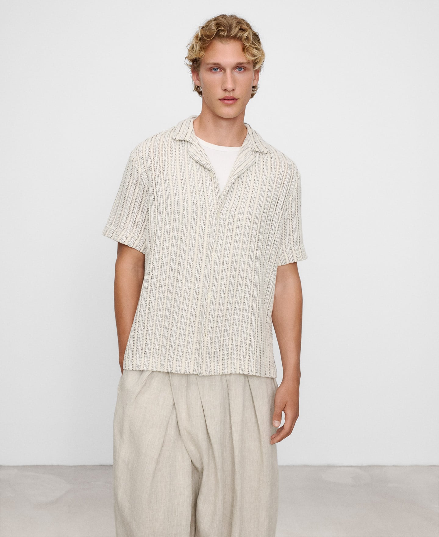 Openwork knit bowling collar shirt image number 0