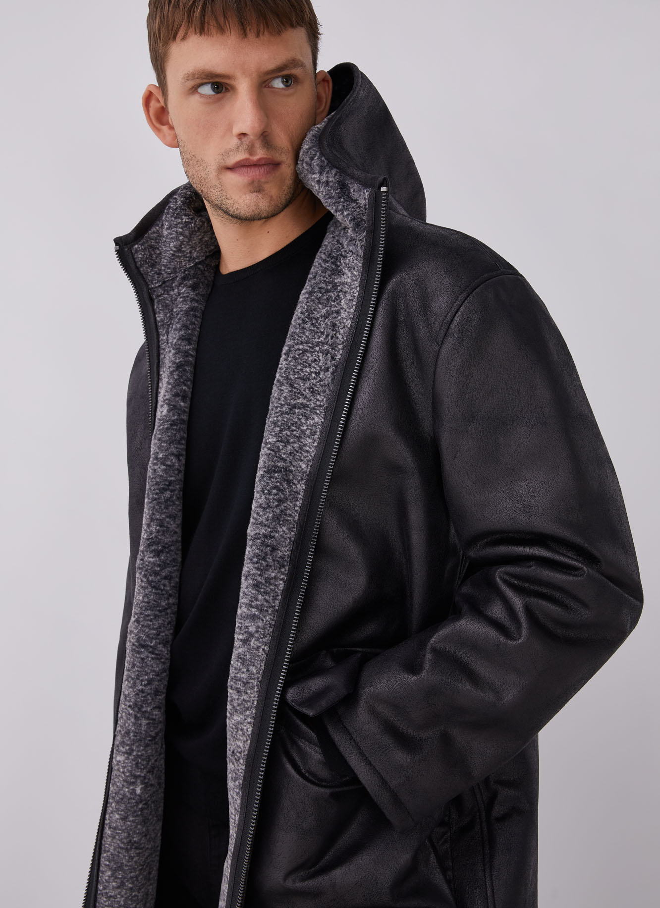Eco leather hooded three-quarter coat image number 3