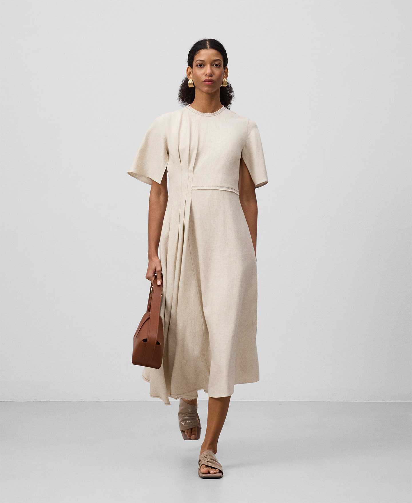 Lateral godet linen blend dress woman image number 1