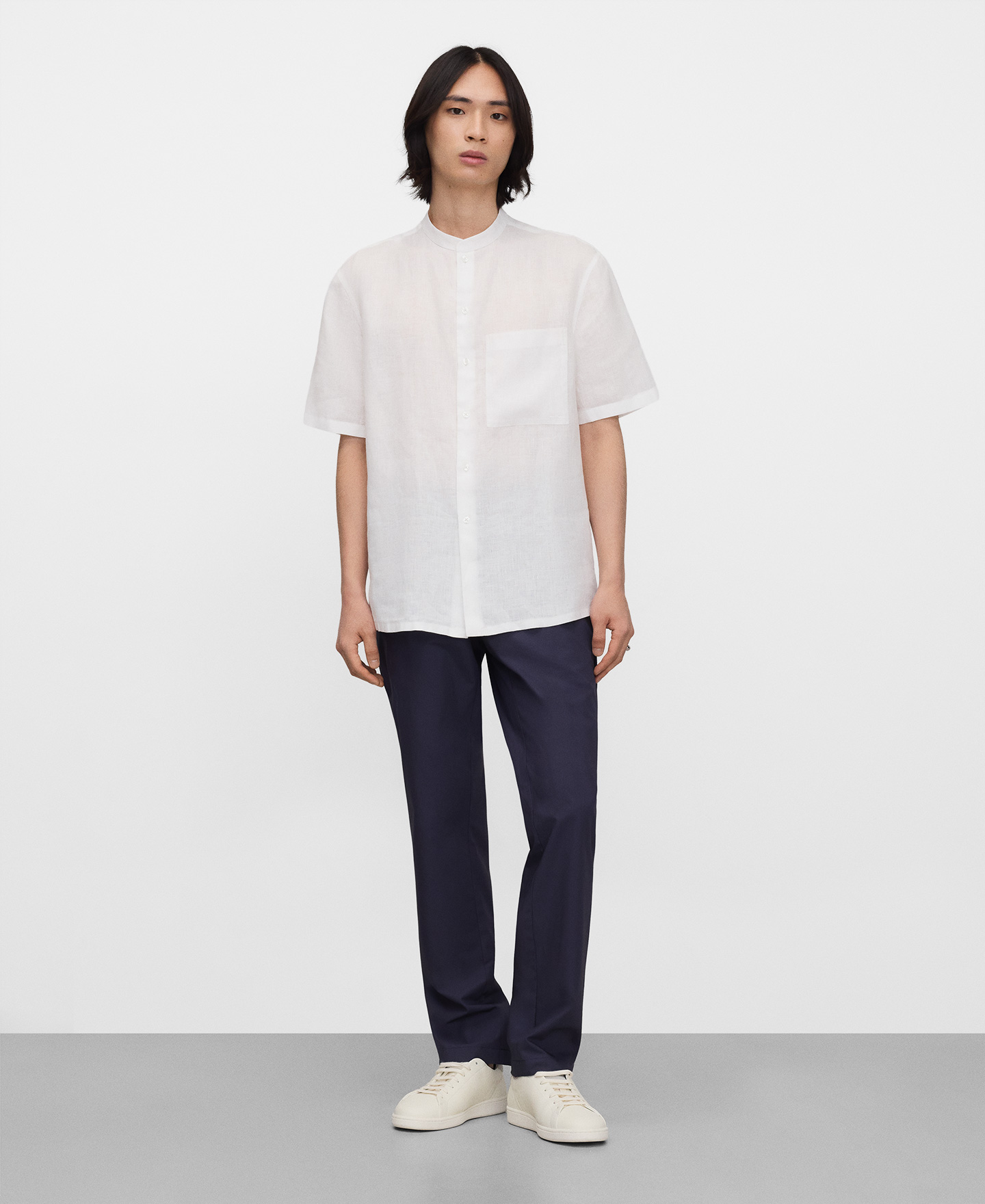 European linen mandarin collar shirt image number 1