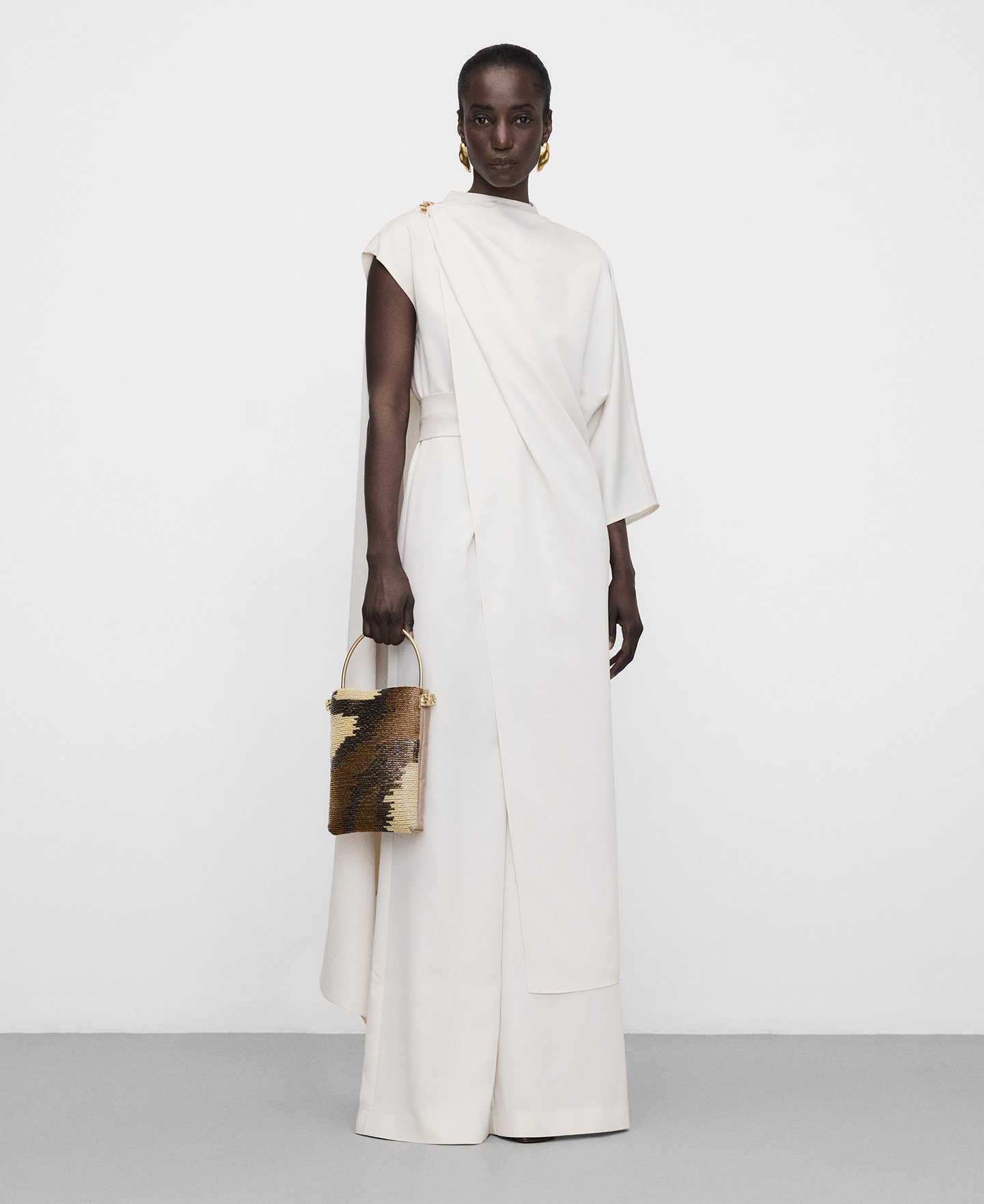 Satin asymmetric jumpsuit with cape image number 1