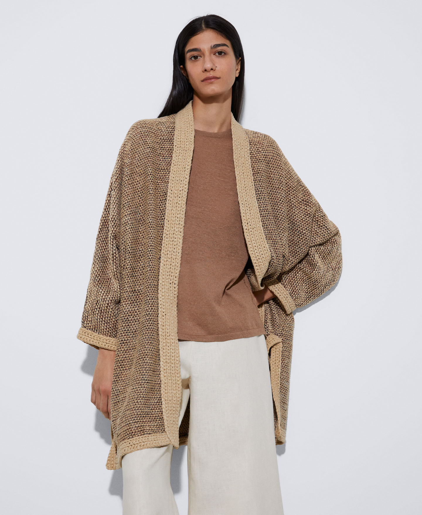 Long openwork knitted jacket image number 0