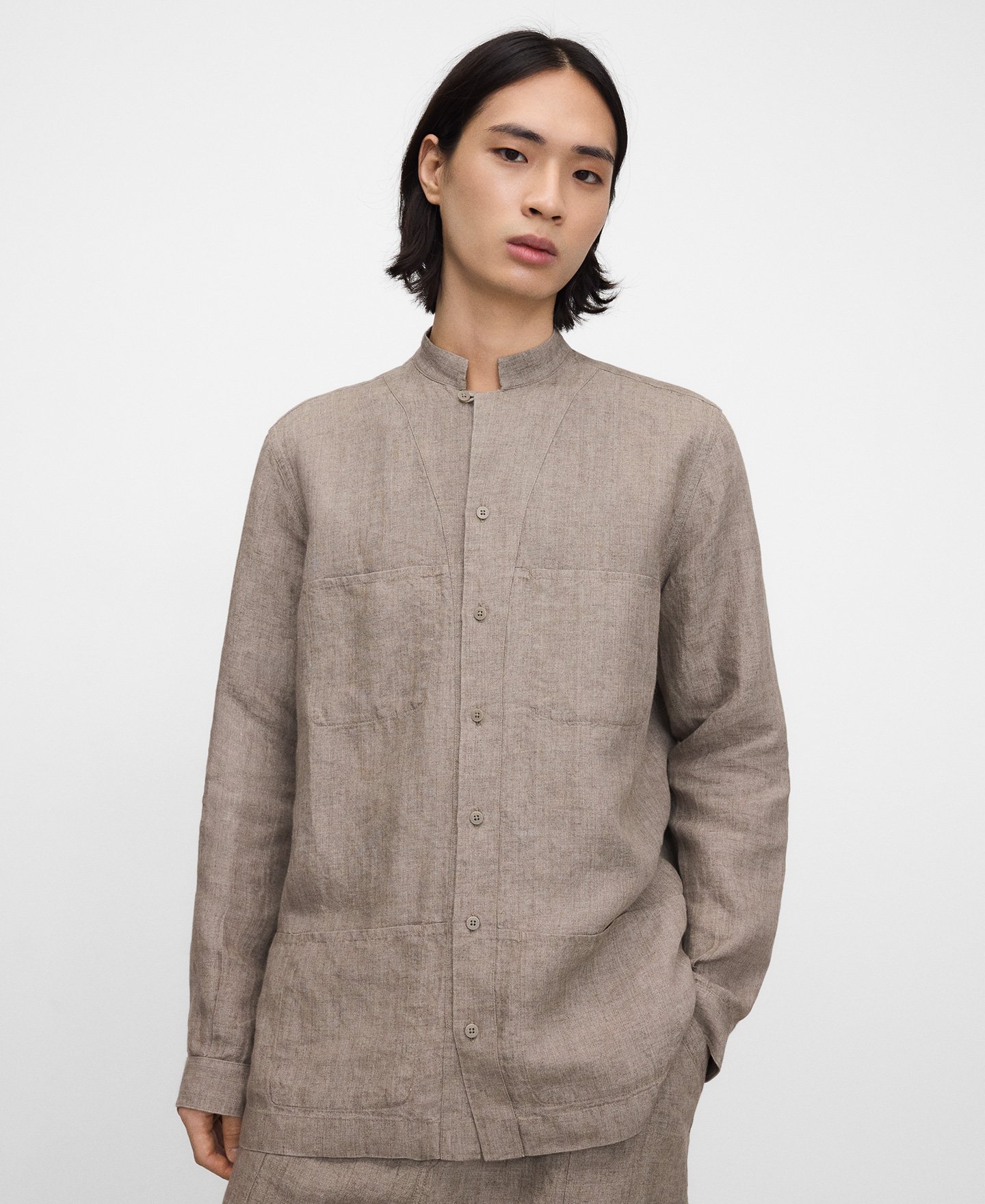 European linen mandarin collar shirt image number 0