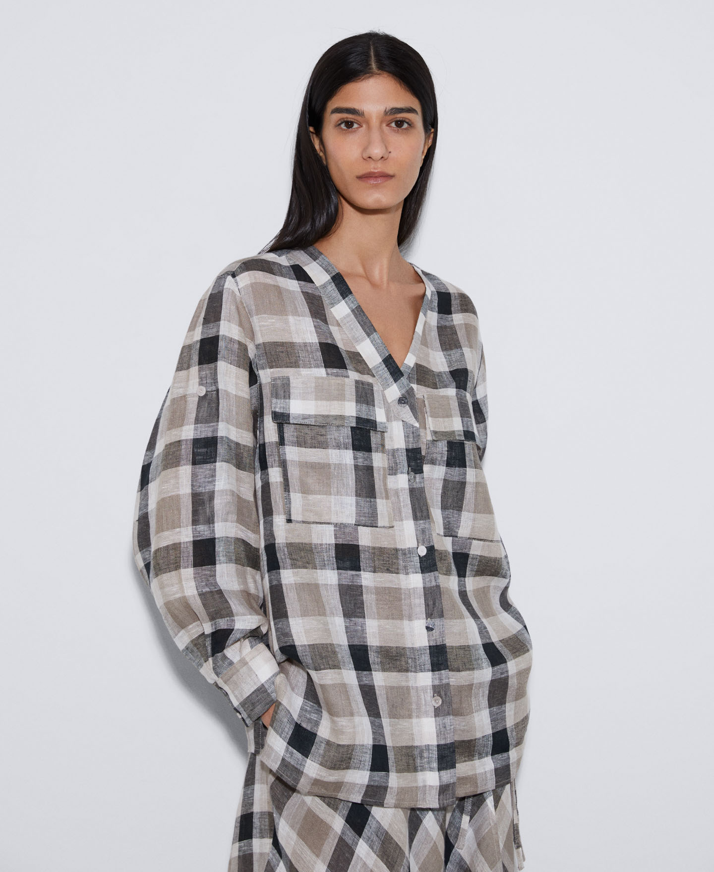 Linen heron check shirt image number 0