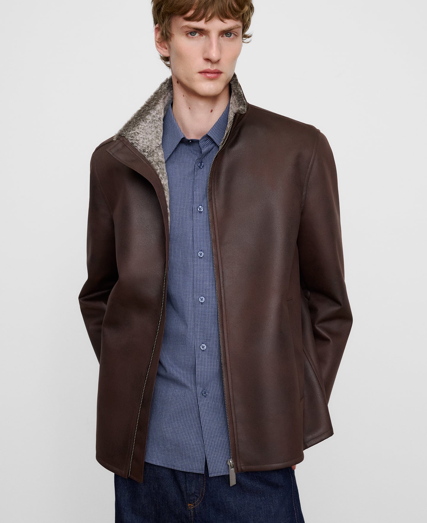 Leather-Non-Leather band collar jacket image number 0
