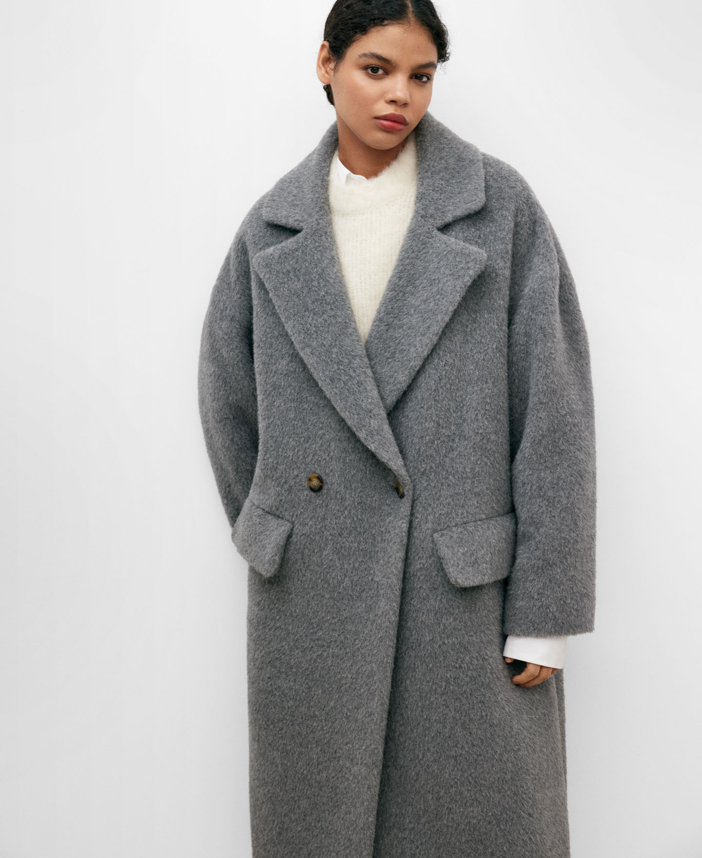 Abrigo tejido alpaca para mujer gris image number 0