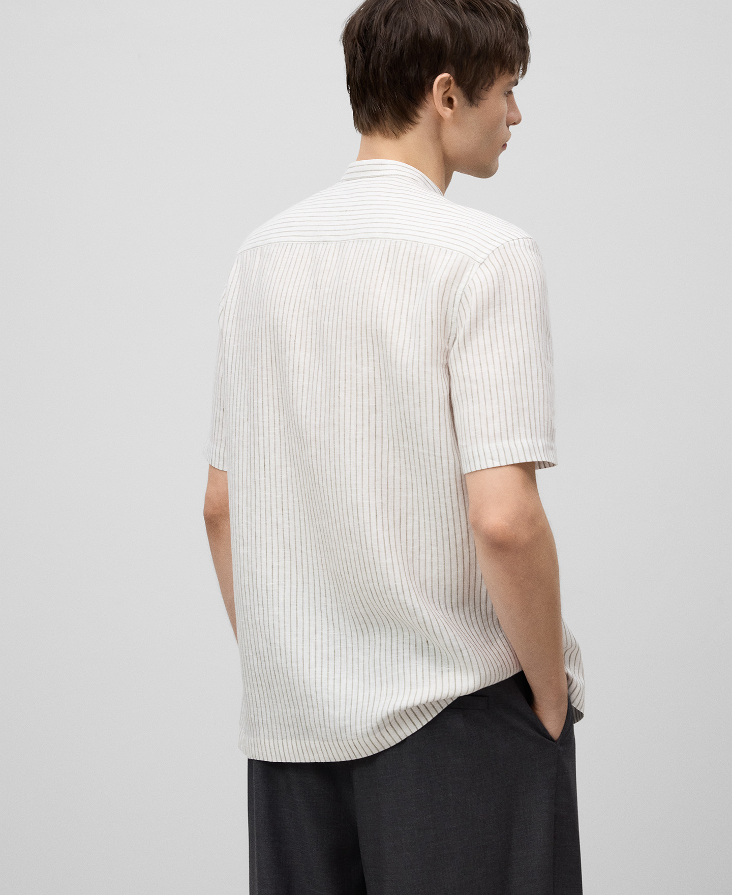 Mandarin collar linen striped shirt man image number 2