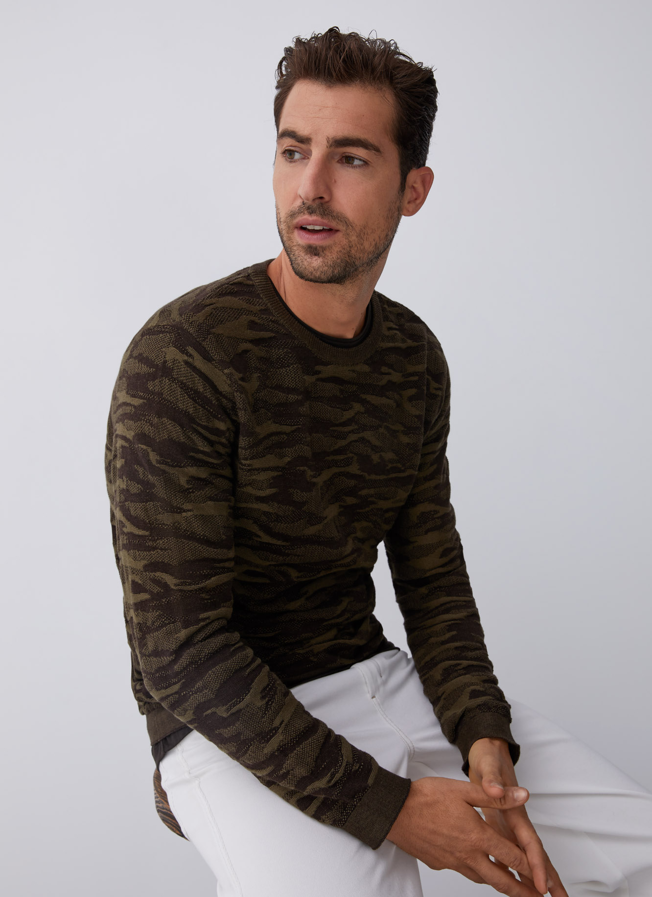 Cotton sweater with military intarsia image number 0