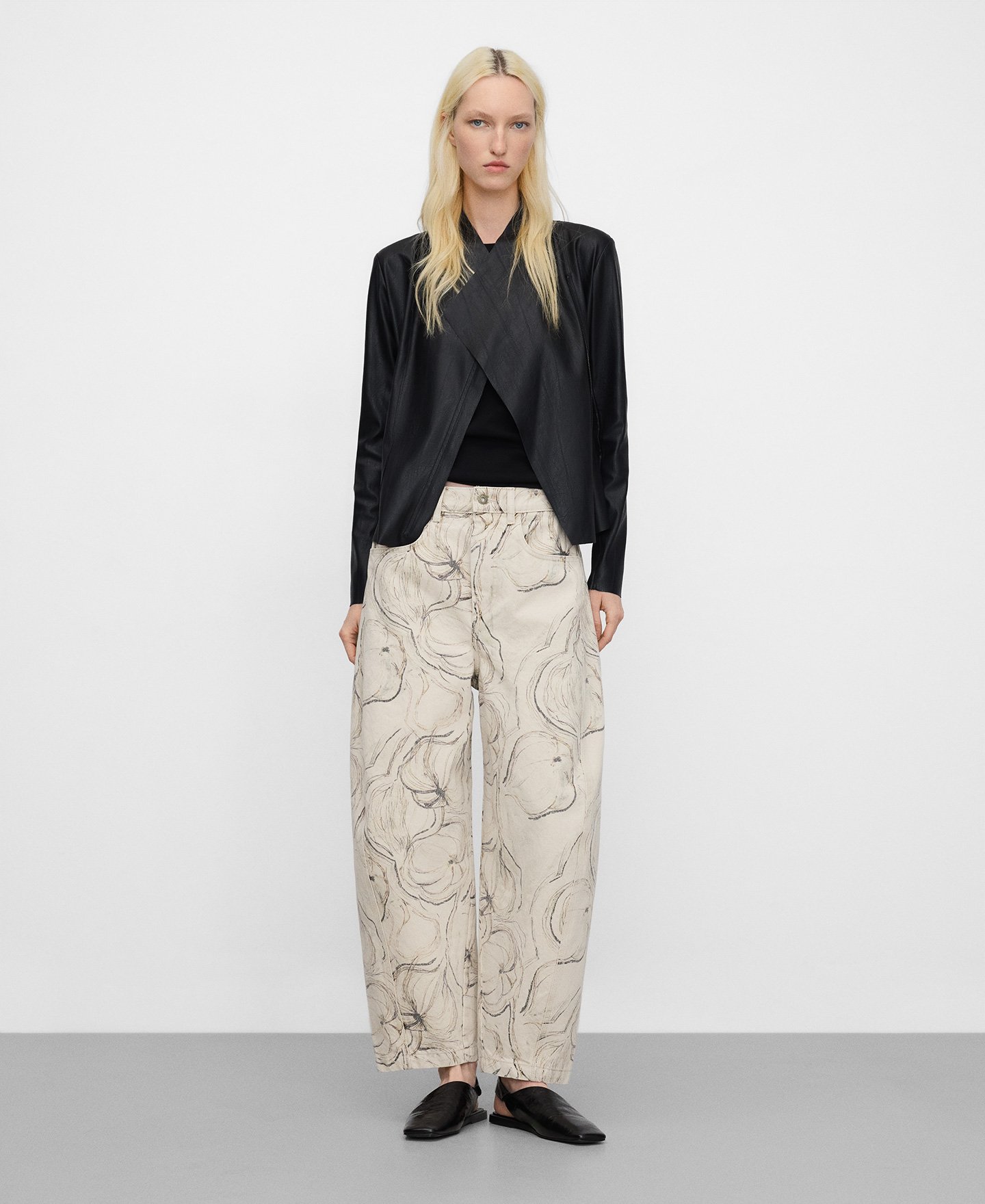 Printed denim barrel fit trousers image number 1