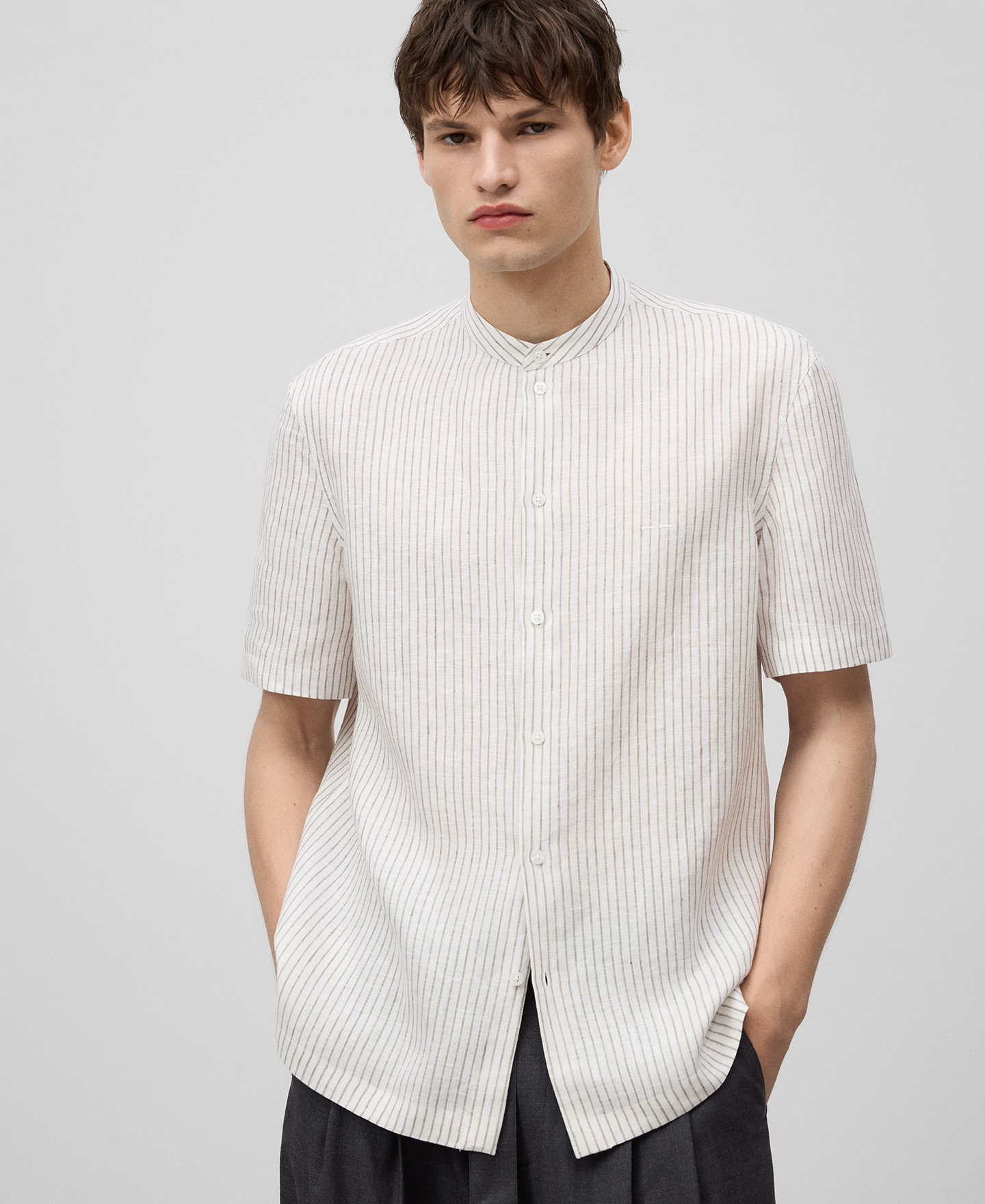 Mandarin collar linen striped shirt man image number 0