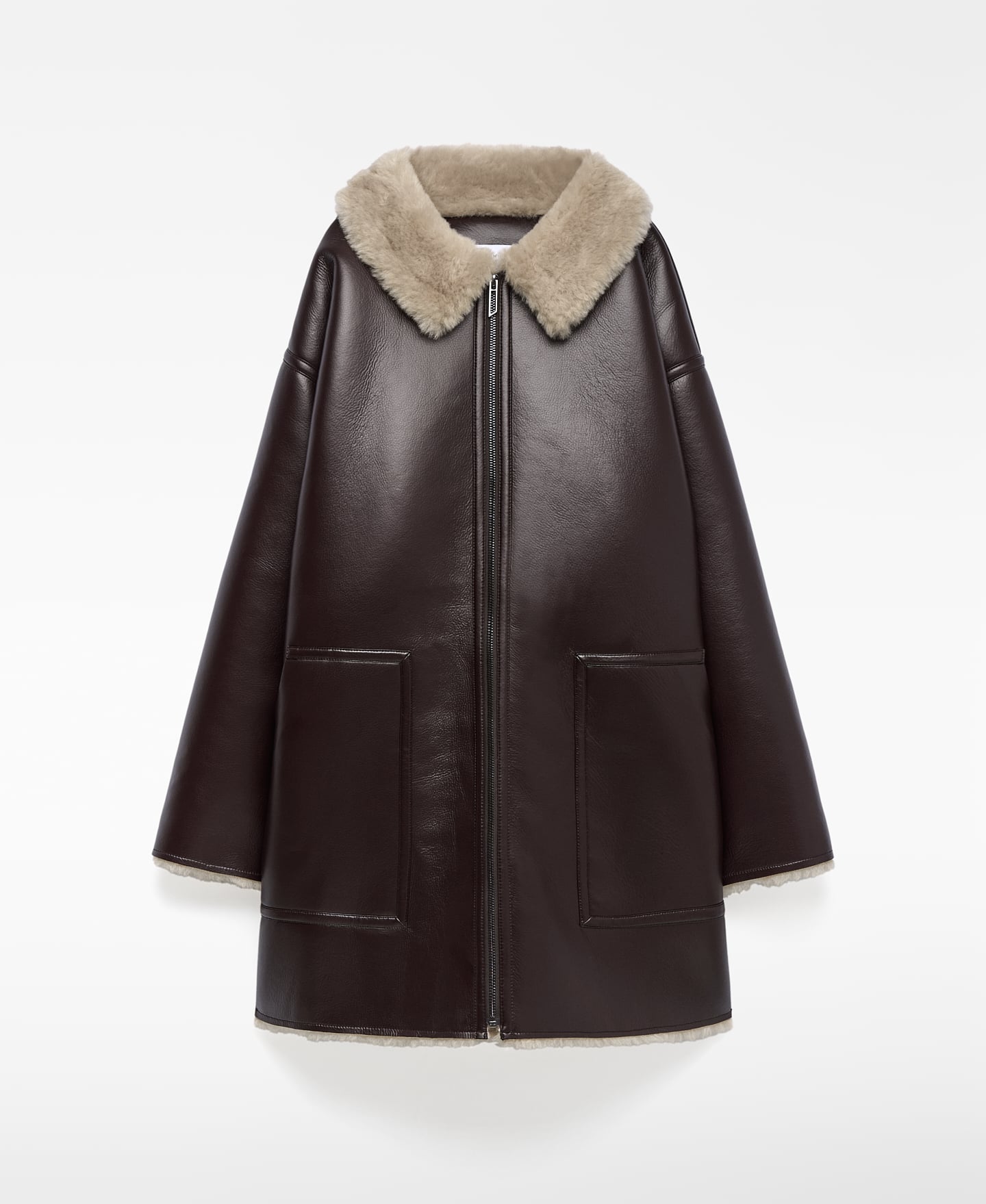 Leather-Non-Leather zip-up coat image number 4