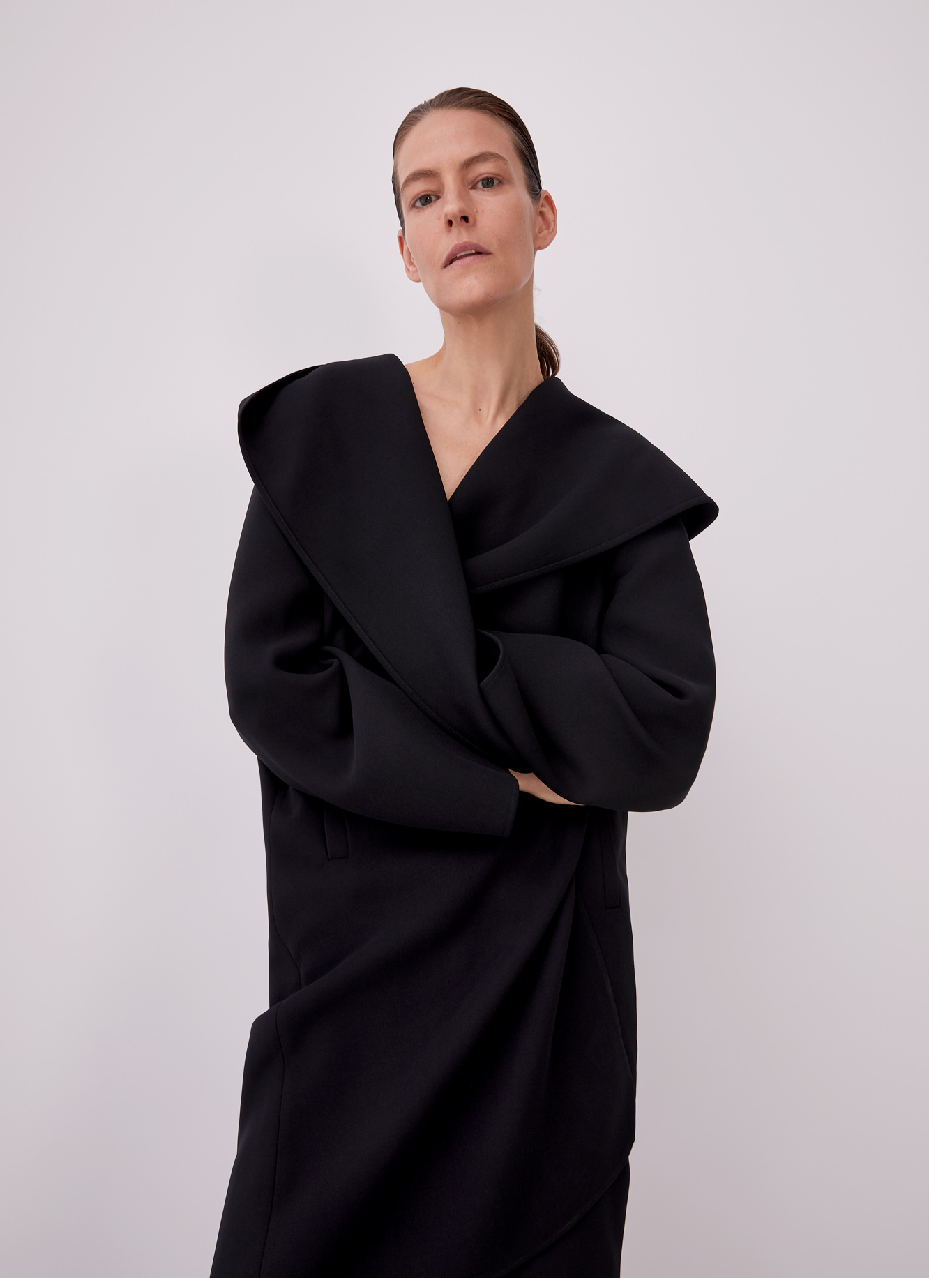 Long coat with lapels and hood image number 1