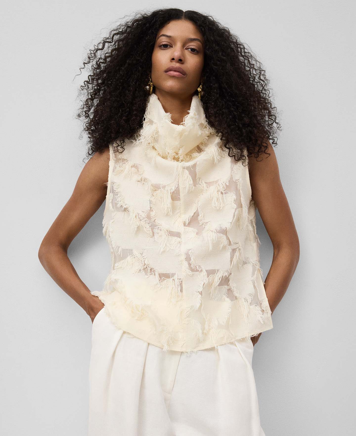 Semi-sheer top with fringe details woman image number 0