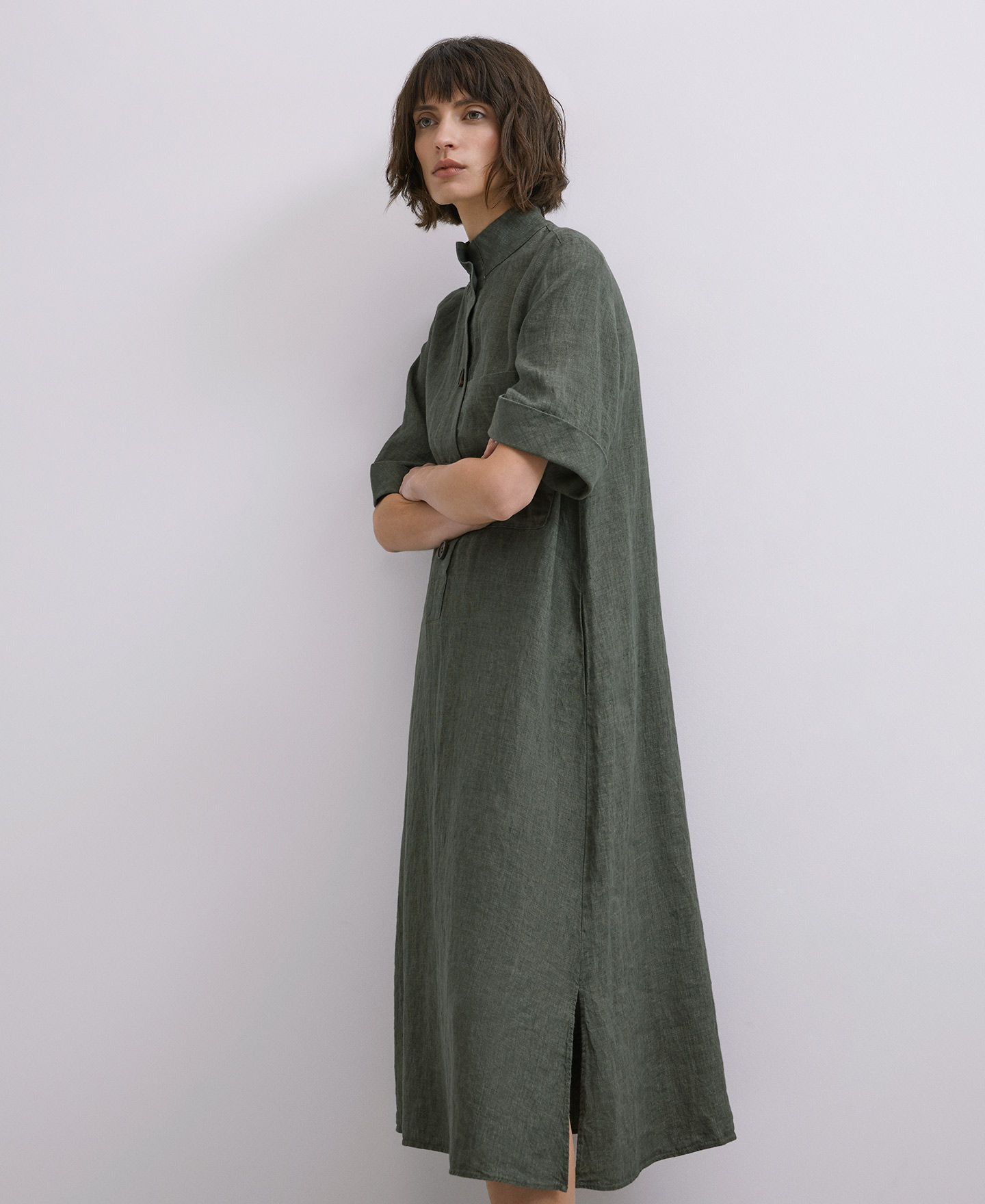 Vestido midi en lino natural europeo image number 3