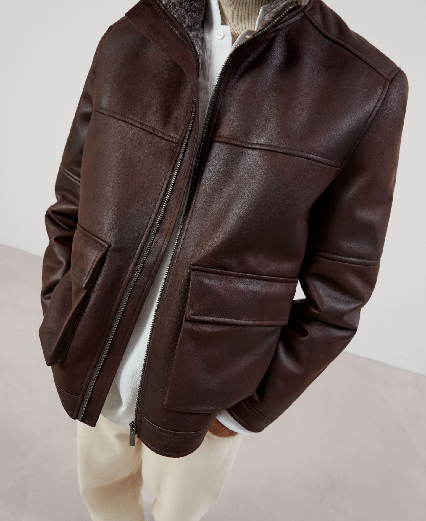 Leather texture funnel collar jacket image number 4