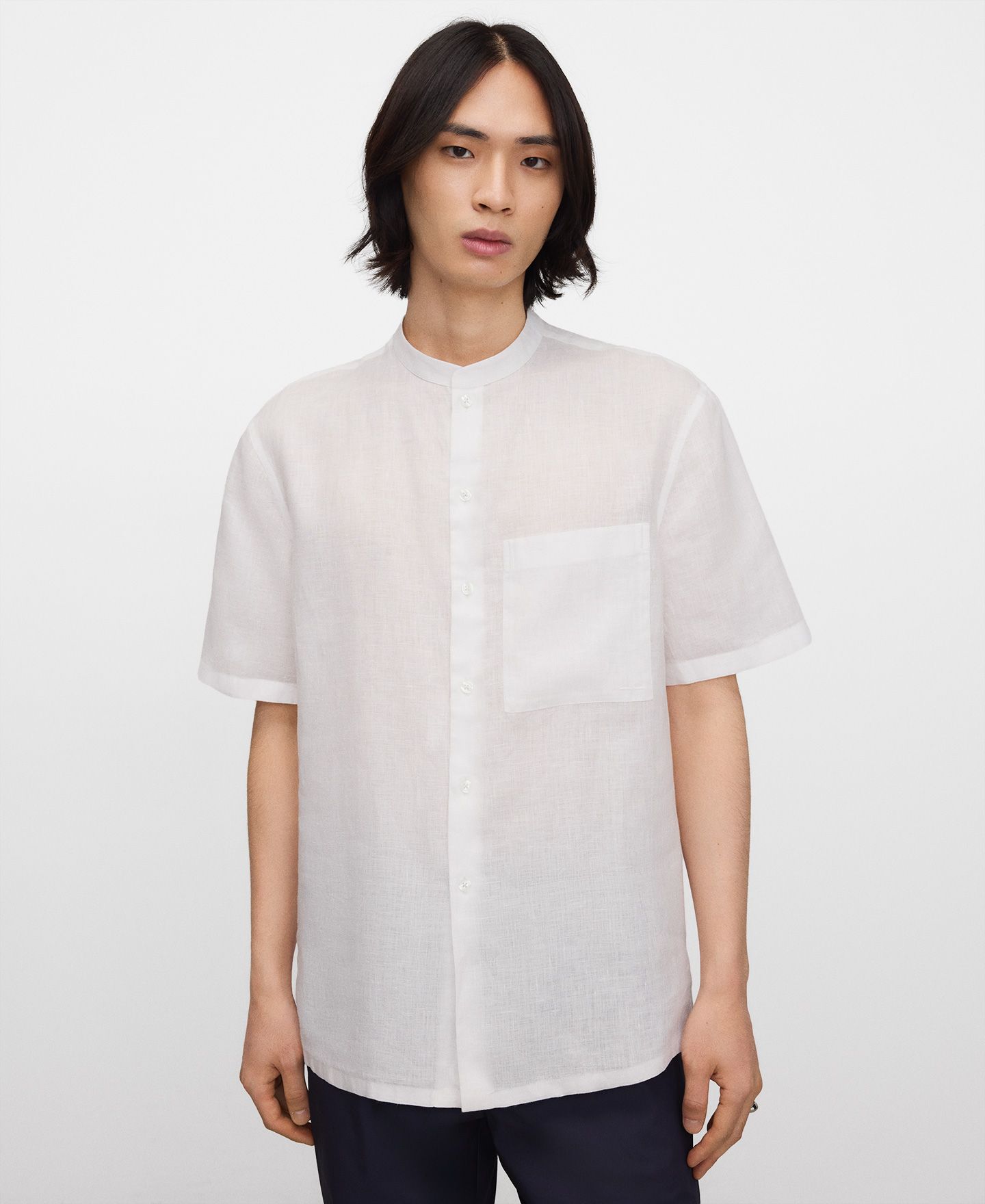 European linen mandarin collar shirt image number 0